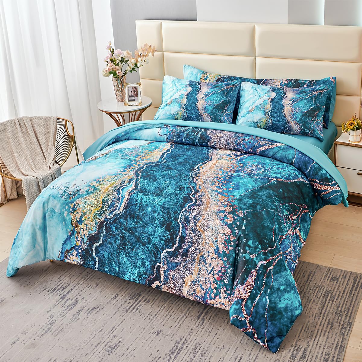 Perfemet 6 Pcs Teal Marble Comforter Set Queen Watercolor Marble Printed Quilt Set Luxury Retro Artwork Style Teal And Gold Bed