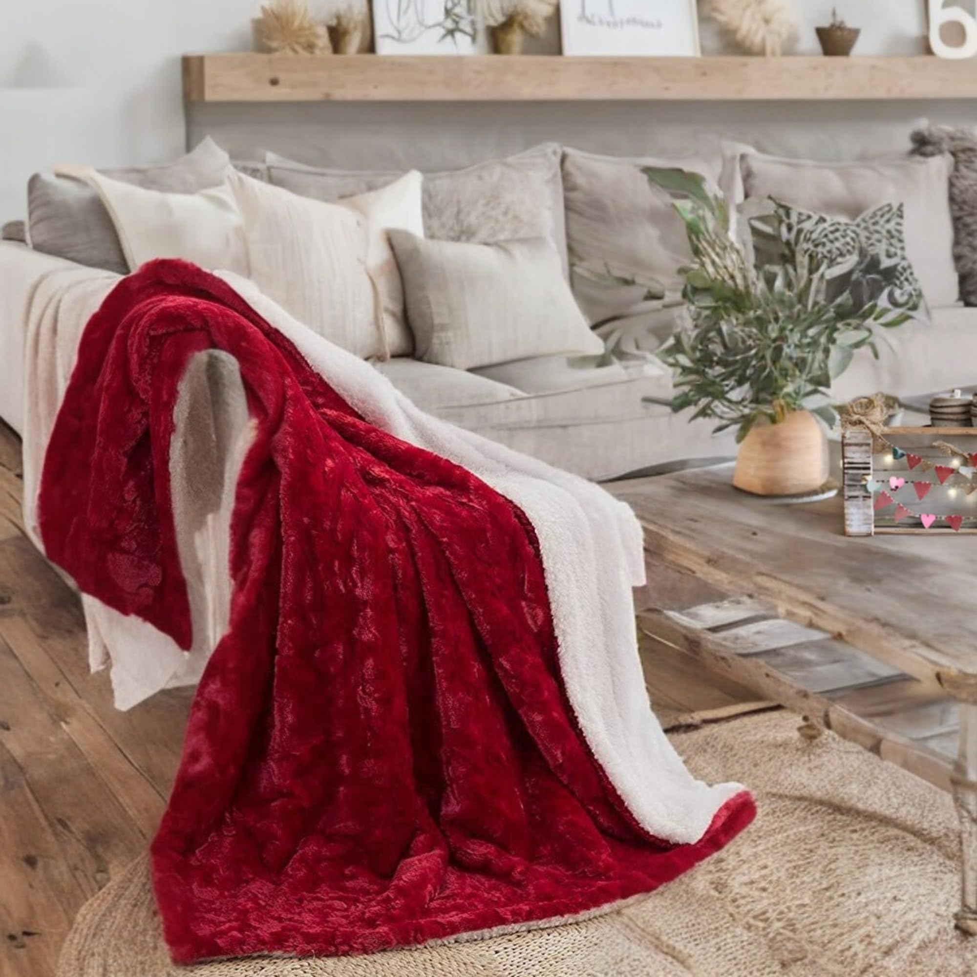 Dada Bedding Valentine'S Romantic Red Faux Fur Throw Blanket - Fluffy Lovely Hearts Plush Sherpa Backside Fleece For Lap Or Sofa
