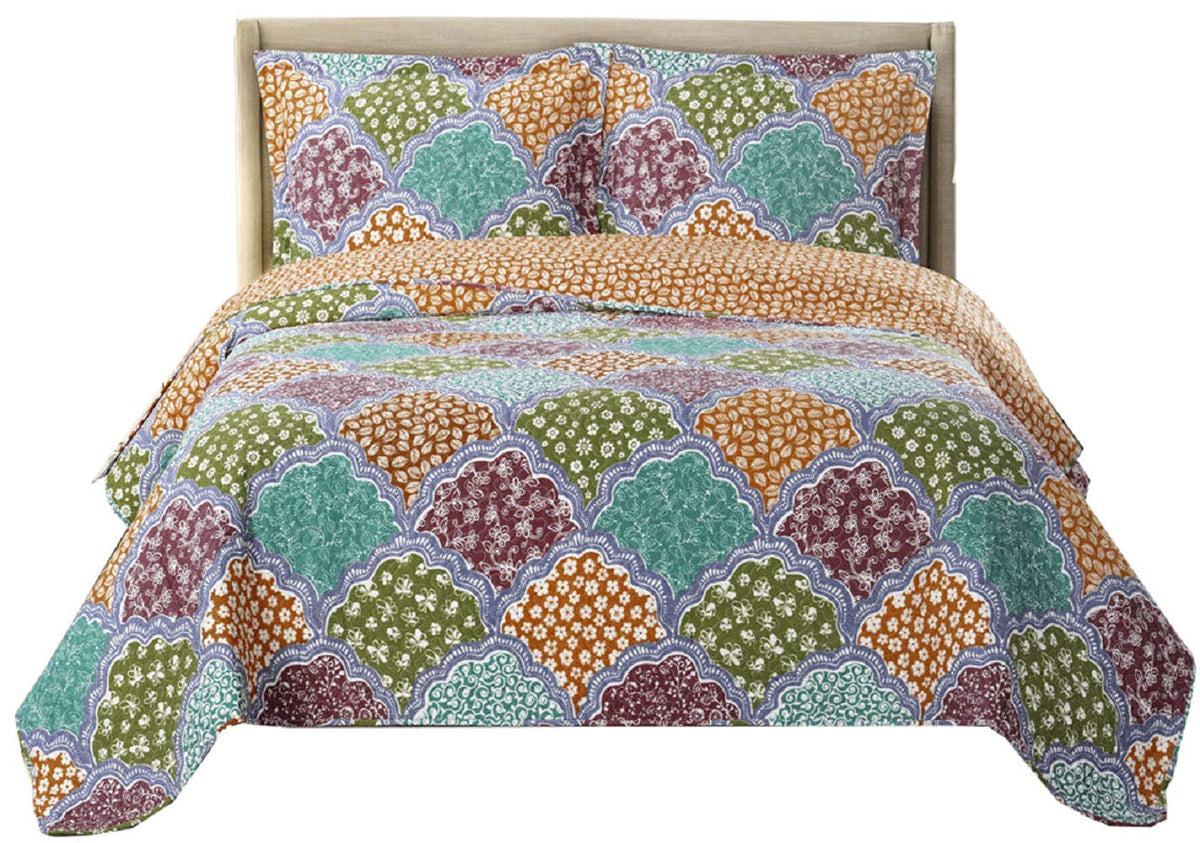 Royal Tradition Dahlia Reversible Coverlets, Queen Over-Sized 3Pc Quilt Set (92-Inch Wide X 96-Inch Long) Lightweight Bedspread