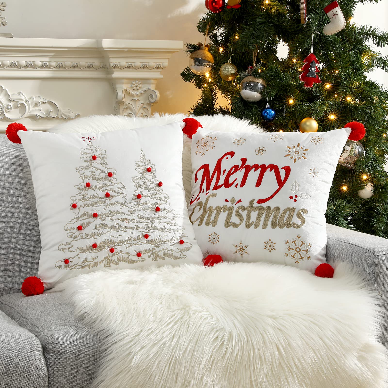 Lewondr Christmas Throw Pillow Covers, 2 Pack Christmas Letter Snowflake Christmas Tree Embroidery 18X18 Pillowcases Home Xmas D