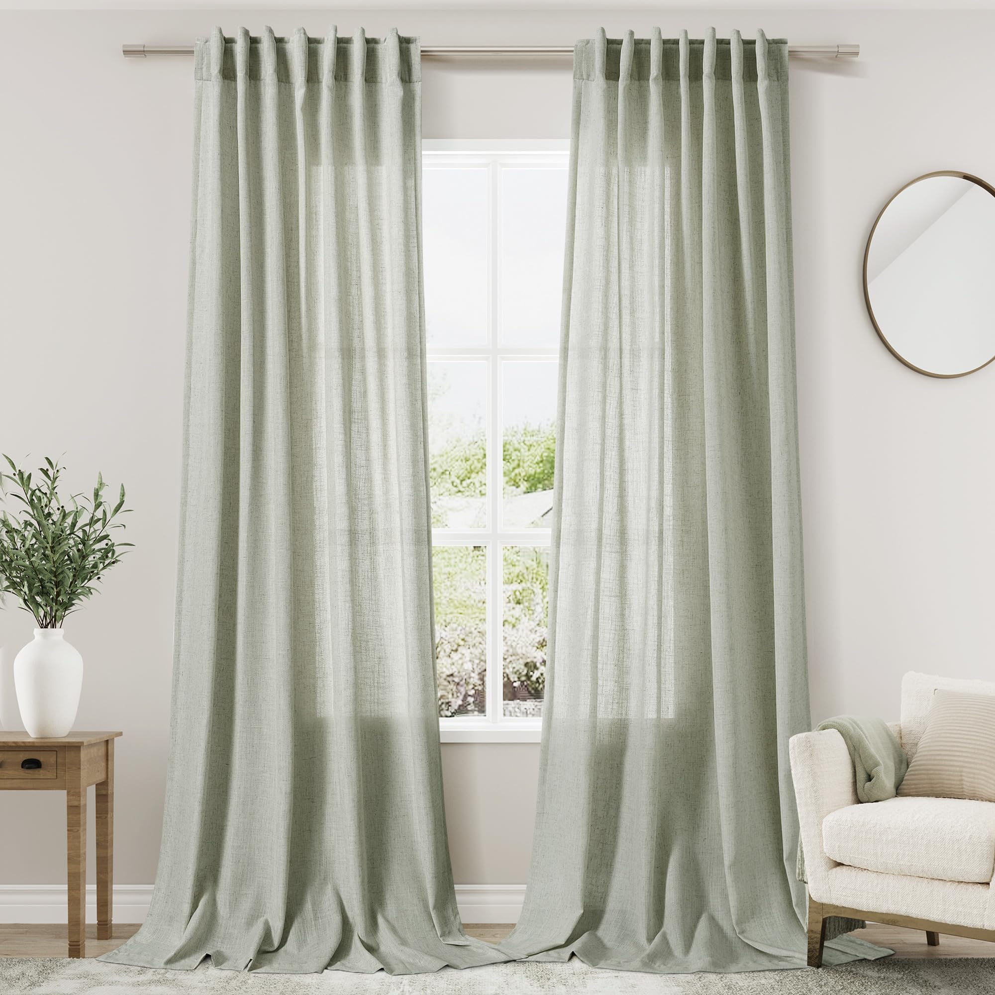 Sage Green Curtains 120 Inches Long 2 Panels For Living Room Back Tab Rod Pocket Semi Sheer Linen Drapes Neutral Room Decor Eart