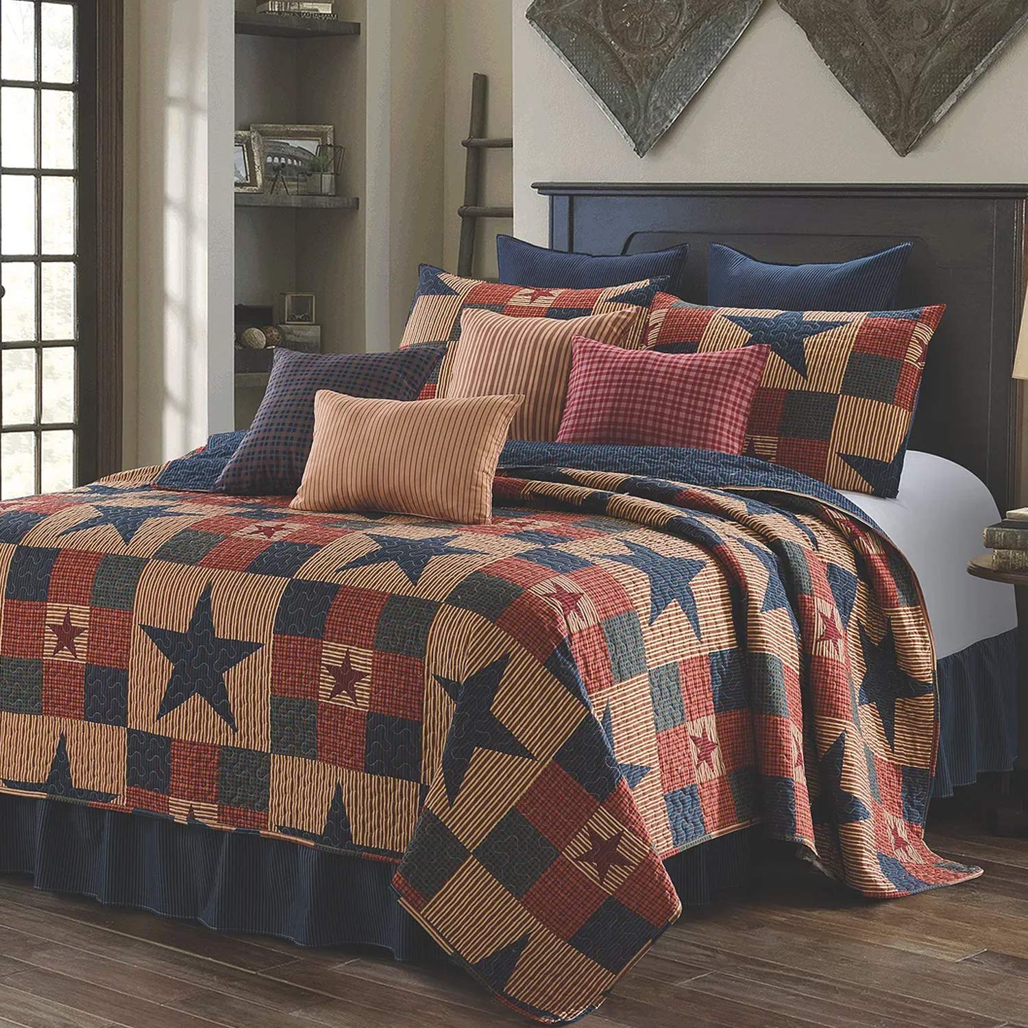 Virah Bella 3 Piece King Cabin Quilt Bedding Set - Mountain Cabin Blue - Rustic Country Reversible Patchwork Comforter Set With