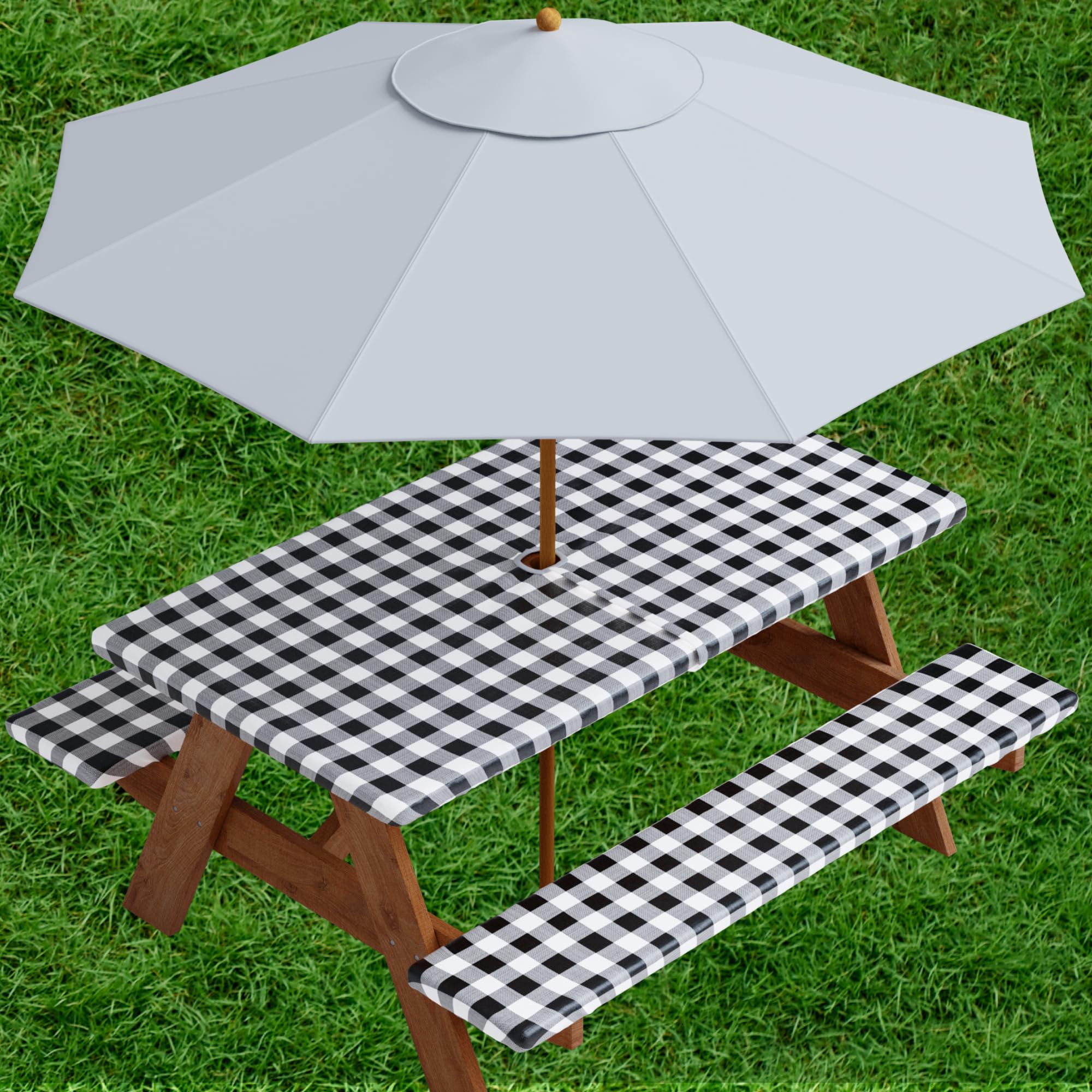 Sorfey Vinyl Umbrella Picnic Table And Bench Fitted Tablecloth Cover, Checkered Design, Flannel Backed Lining, 30X72 Inch, 3-Piece Set, Black
