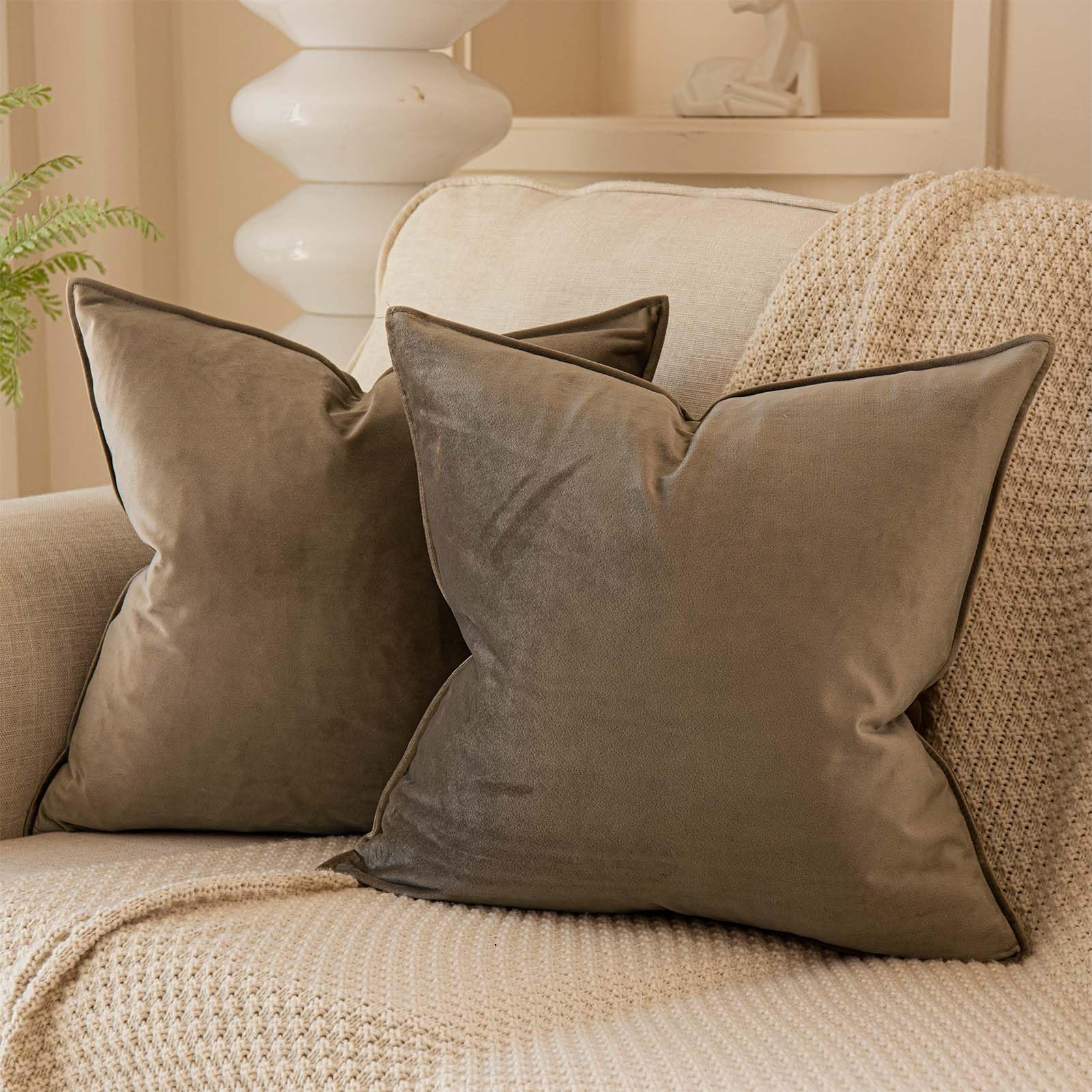 Juspurbet Velvet Throw Pillow Covers For Couch Sofa Bed Pack Of 2 Decorative Solid Pillowcase 26X26 Inches Stone