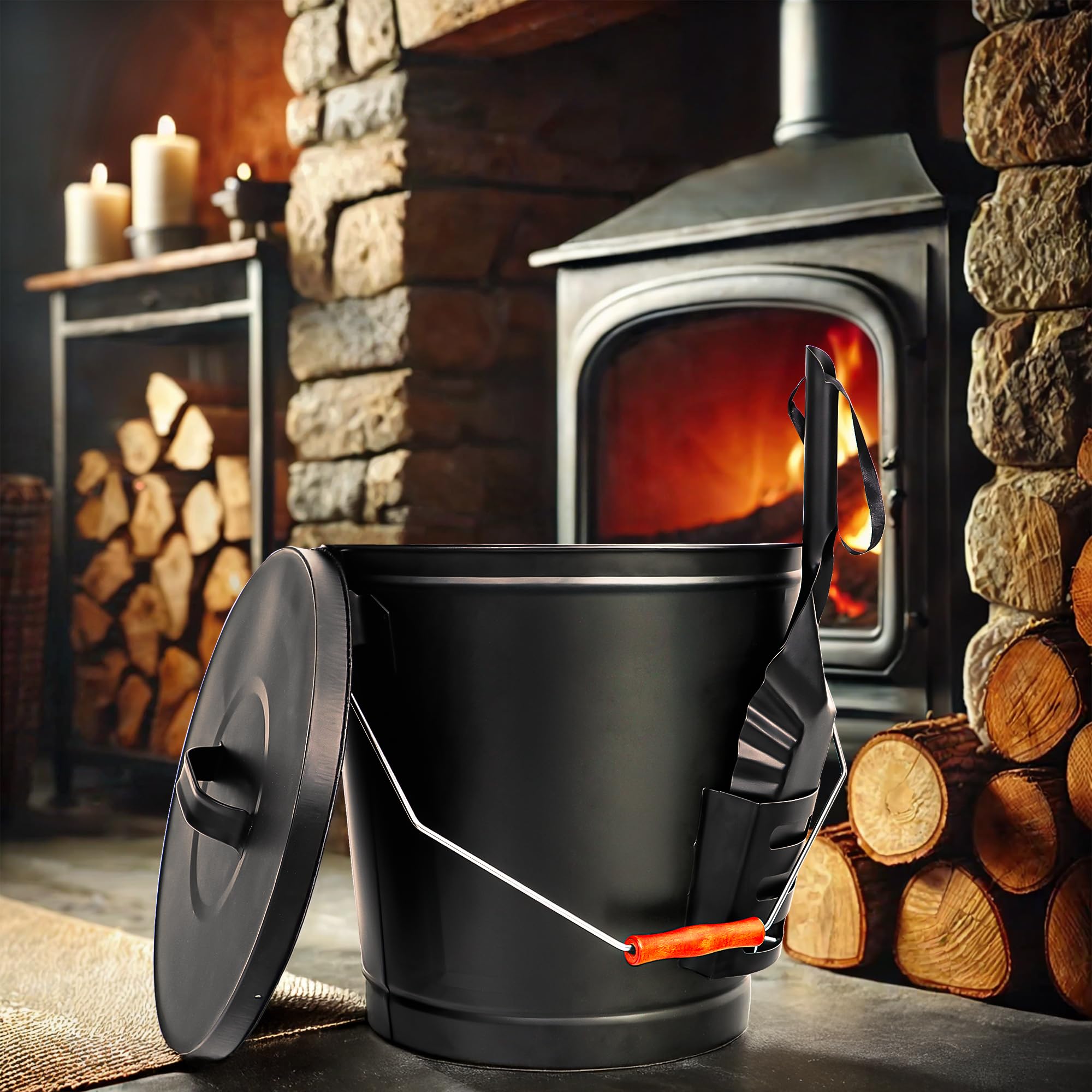 Nouva 5.15 Gallon Ash Bucket with Lid & Shovel - Galvanized Metal Coal Bucket Ash Can for Fireplace, Fire Pit, Wood Burning Stov