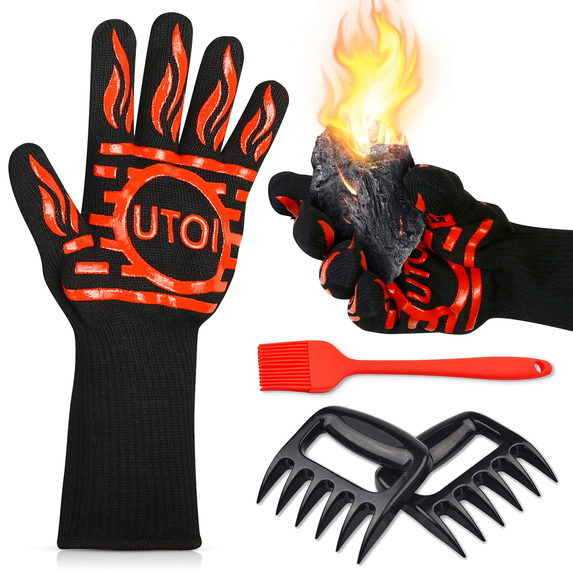 Utoi Bbq Grill Accessories Kit, 1472F Heat Resistant Bbq Gloves Oven Mitts & Meat Shredder Claws & Silicone Sauce Basting Brush