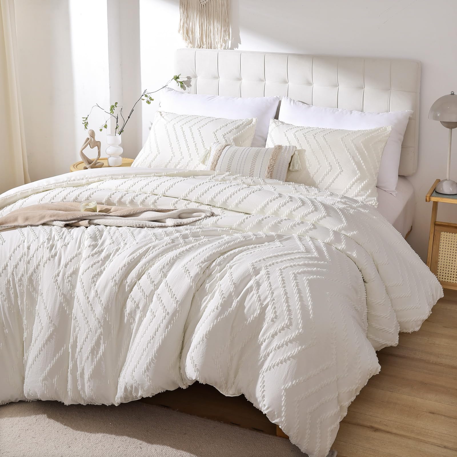 Yirddeo Ivory White Twin Size Comforter Set 2Pcs, Boho Twin Comforter Set Farmhouse Twin Size Bedding Set, Vertical Tufted Twin