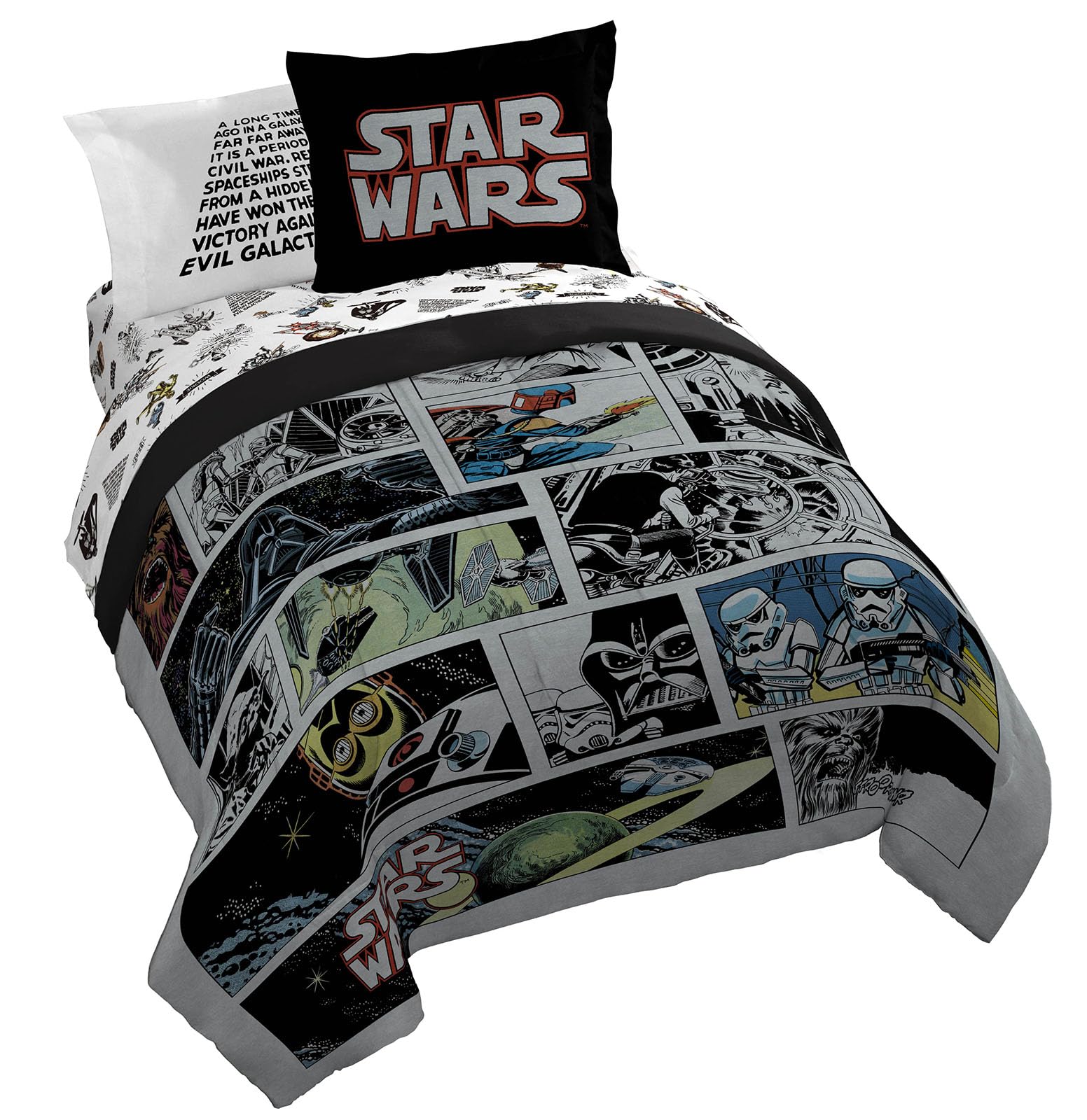 Star Wars Comic Book King Size Comforter Set - 7 Piece Bedding Includes Sheet Set & Pillow Covers - Super Soft Cozy Kids Bedding