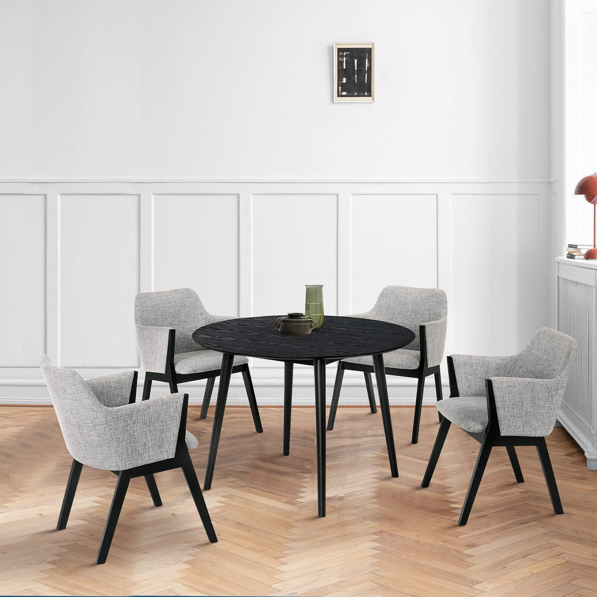 Armen Living Arcadia and Renzo 5 Piece Dining Set, 42'' Round, Grey/Black Wood
