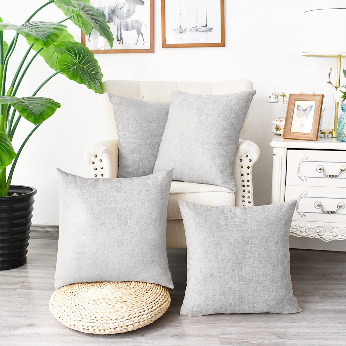 Calitime Pack Of 4 Cozy Throw Pillow Covers Cases For Couch Sofa Home Decoration Solid Dyed Soft Chenille 18 X 18 Inches Moonbea