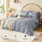 Muxhomo Light Grey Bed In A Bag Queen 7 Pieces, Queen Comforter Set Reversible Botanical Flowers Design, Ultra Soft & Breathable