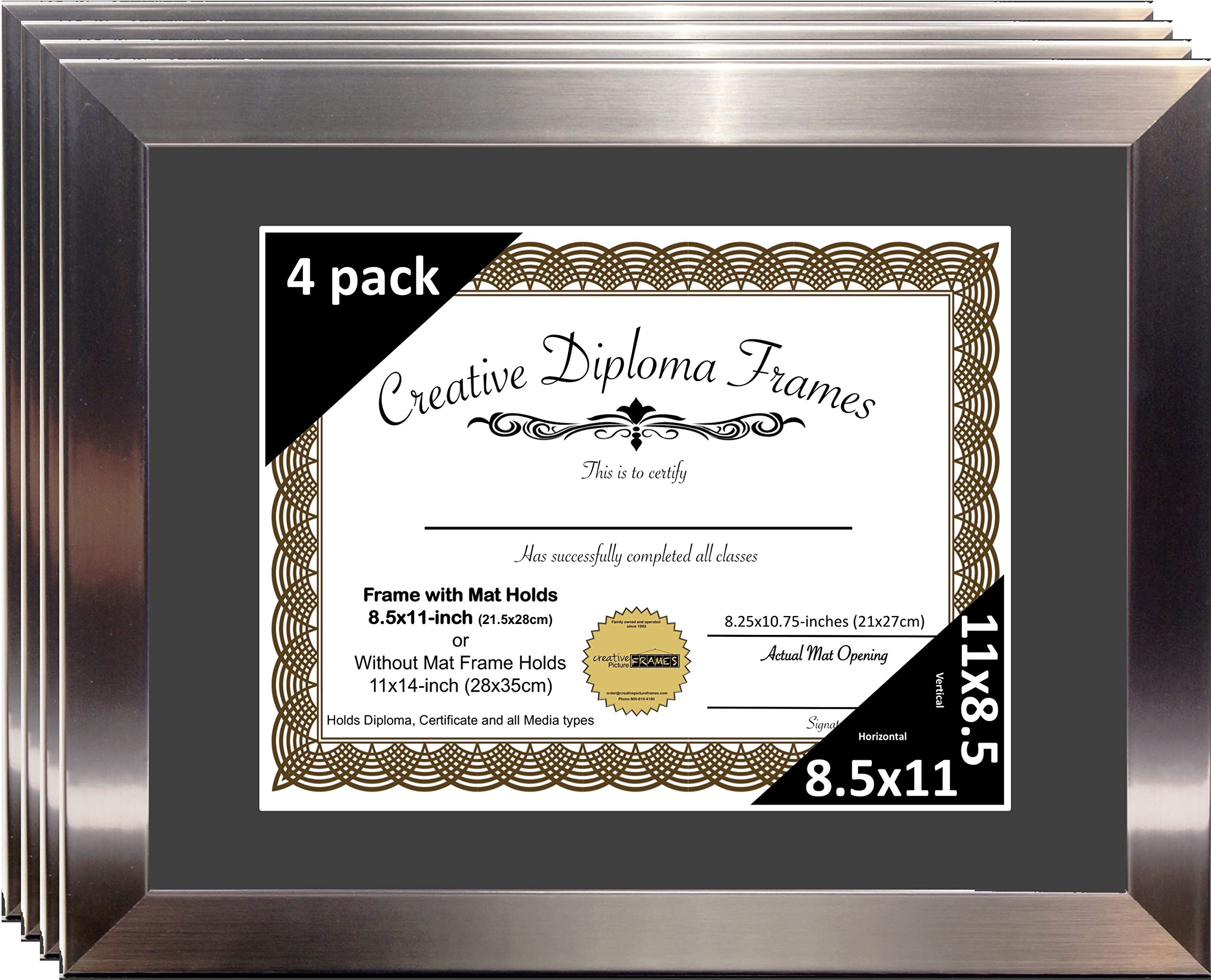 CreativePF [11x14ss] Stainless Steel Finish Diploma Frame with 11x14-inch Black Mat to Hold 8.5 by 11-inch Graduation Documents 