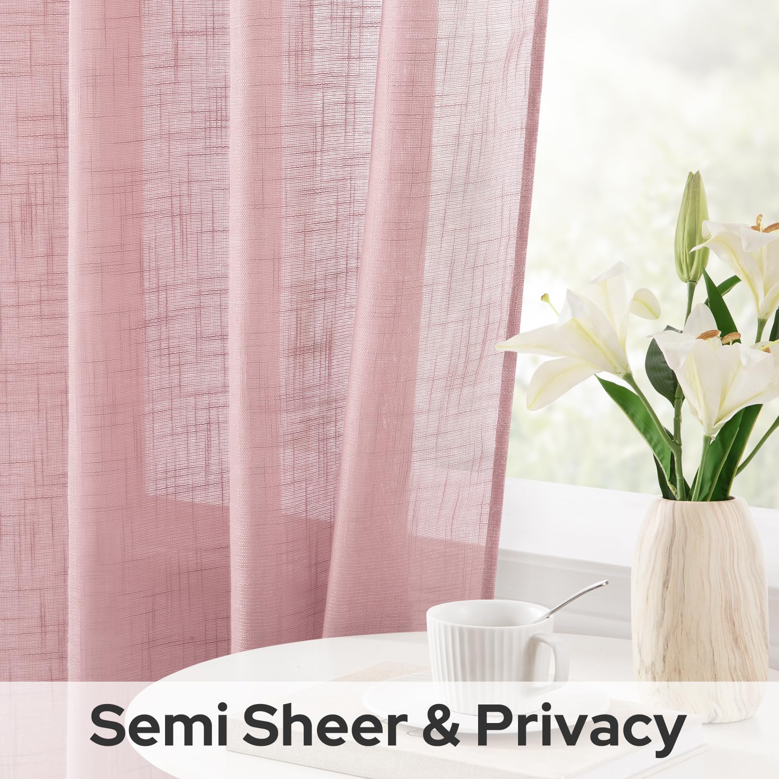 Homeideas Pink Linen Sheer Curtains 108 Inches Long 2 Panels Textured Semi Sheer Curtains Farmhouse Curtains Sheer Privacy Windo