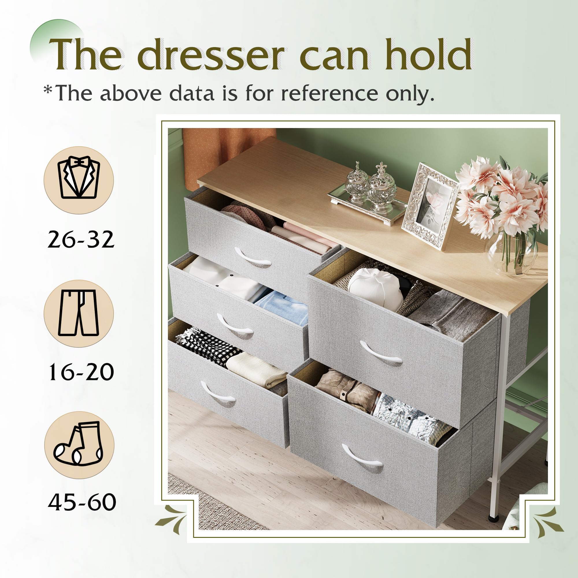 Wlive Dresser For Bedroom With 5 Drawers, Wide Bedroom Dresser With Drawer Organizers, Chest Of Drawers, Fabric Dresser For Living Room, Closet, Hallway, Light Grey