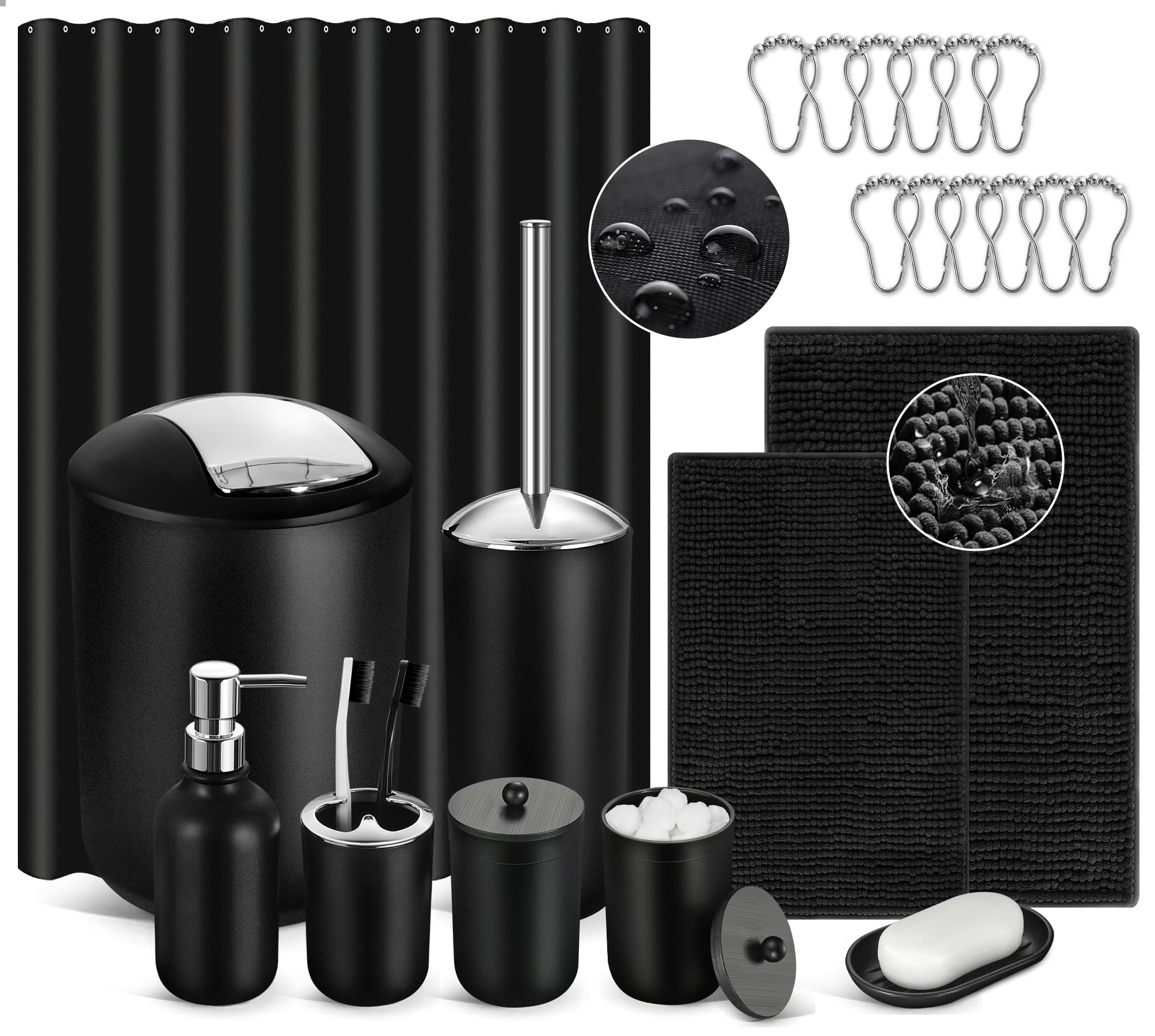 ALPIRIRAL Black Bathroom Accessories Set, 22Pcs Bathroom Sets with Shower Curtain and Rugs, Bathroom Accessories Sets Complete w