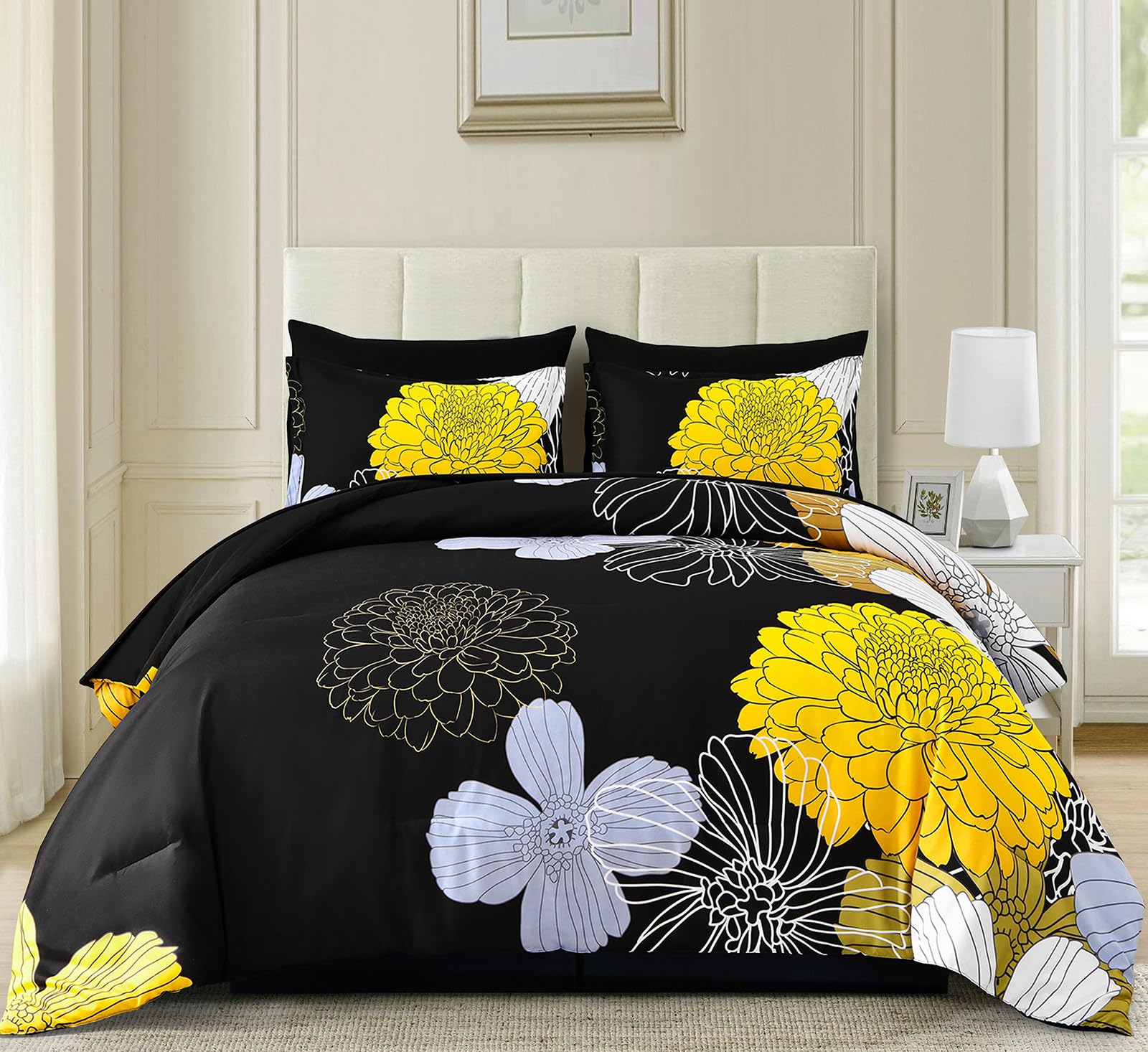 7 Pieces King Yellow Black Comforter Set Bed In A Bag Floral Bedding Set Soft Microfiber Comforter (1 Comforter 1 Flat Sheet 1 F