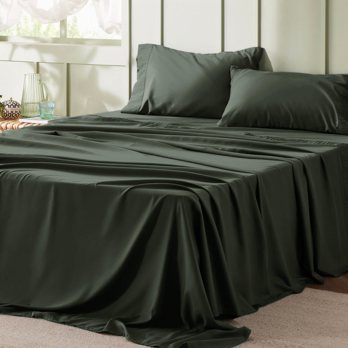 Bedsure Queen Sheet Set - Soft Sheets For Queen Size Bed, 4 Pieces Hotel Luxury Olive Green Queen Sheets, Easy Care Polyester Mi