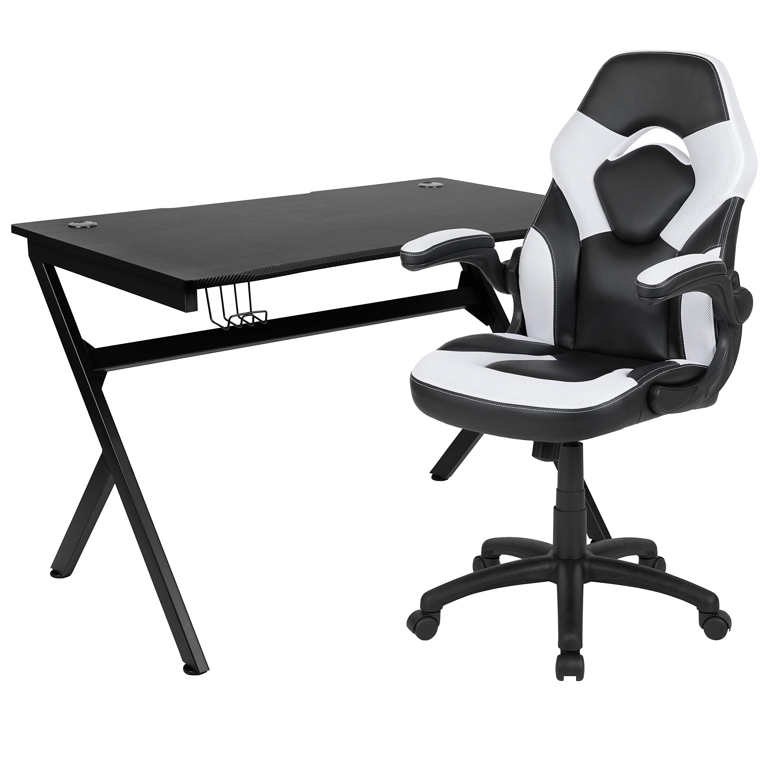 Flash Furniture Optis Black Gaming Desk And White/Black Racing Chair Set With Cup Holder, Headphone Hook & 2 Wire Management Holes