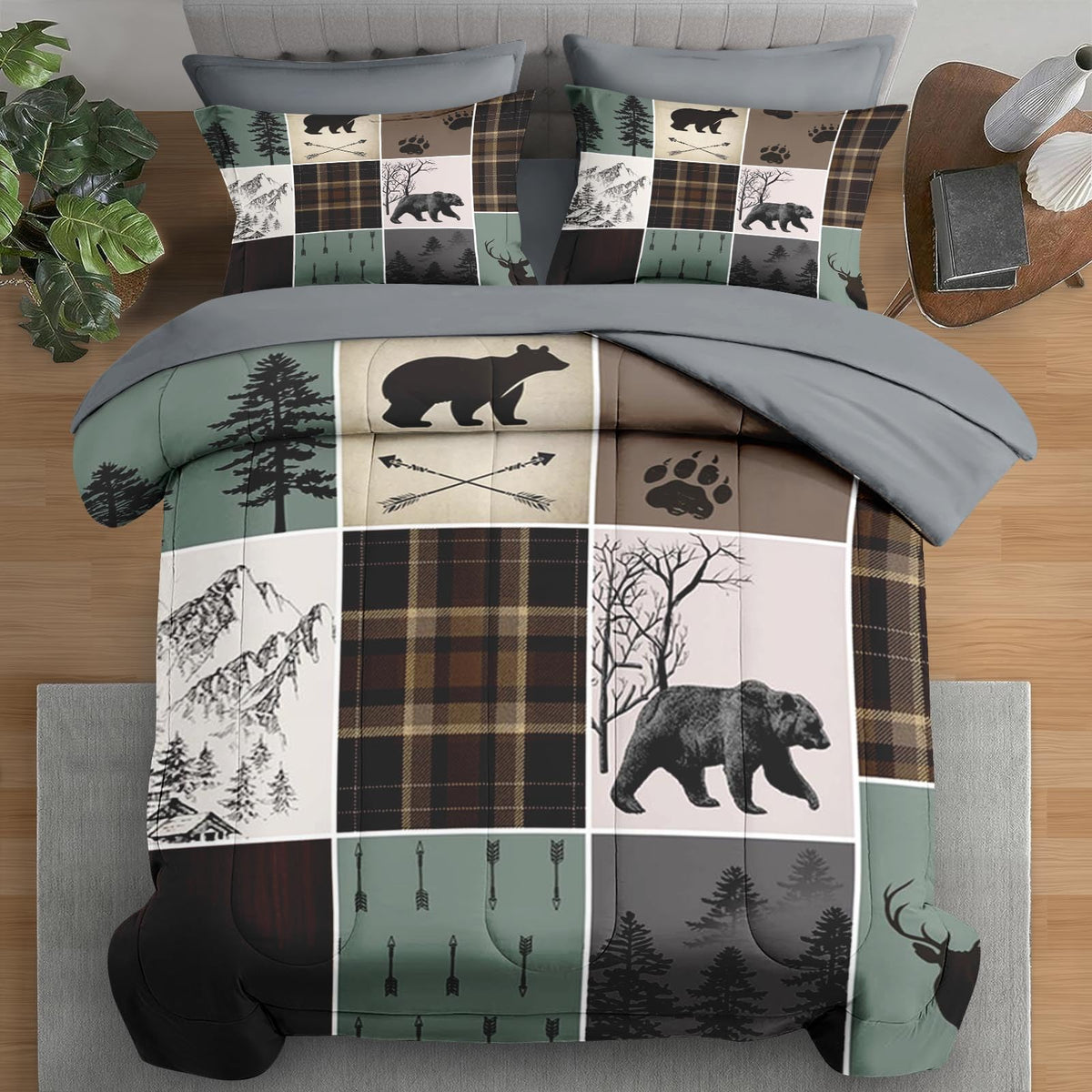 Pamnest 5 Pcs Comforter Set Twin Size, Wildlife Hunting Deer Bedding Set For Kids And Adults, Vintage Winter Animal Bear Plaid B