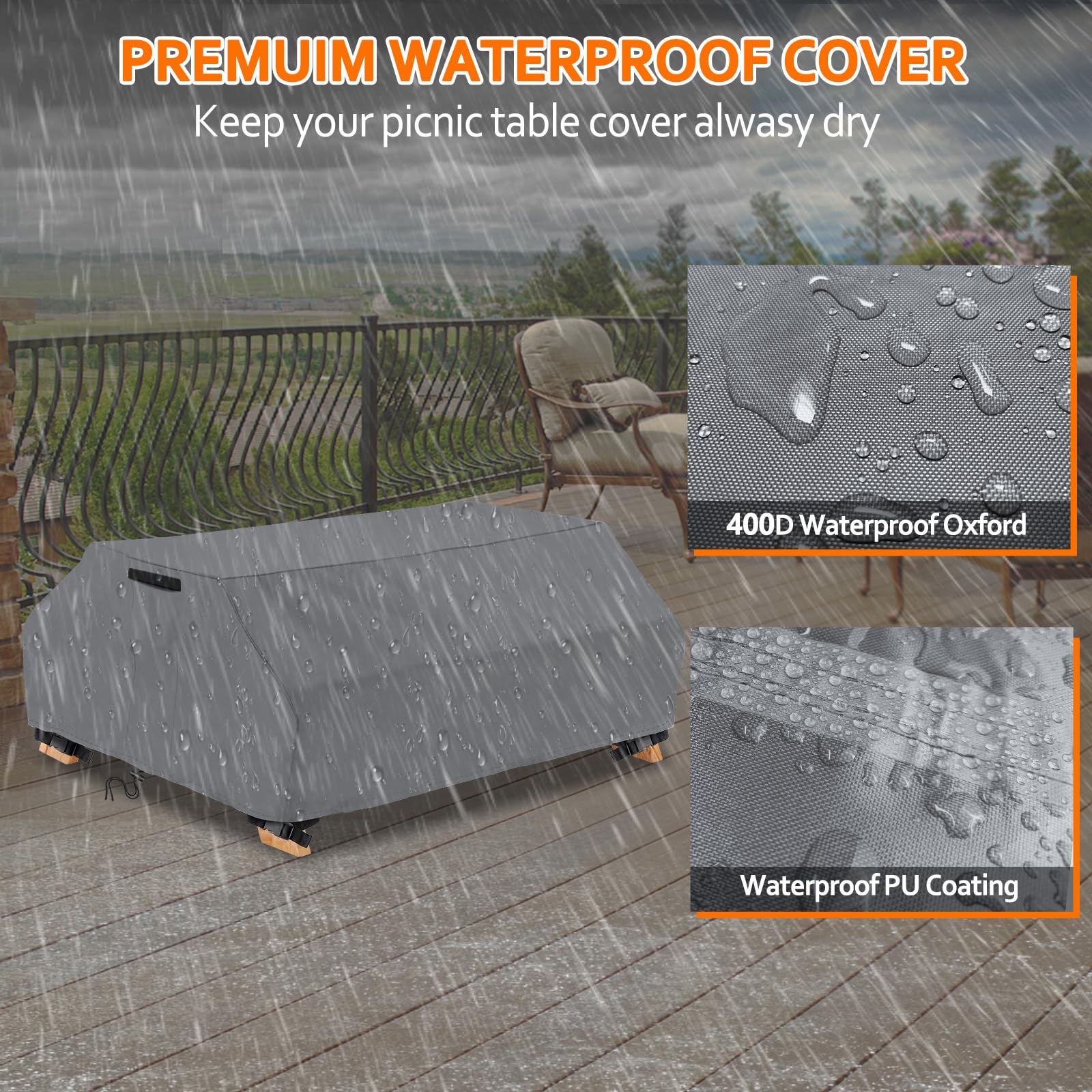 Startwo Waterproof Picnic Table Cover Outdoor Patio Table Bench Covers For 8 Ft Picnic Table Bench Set Windproof 96 Inch,Grey