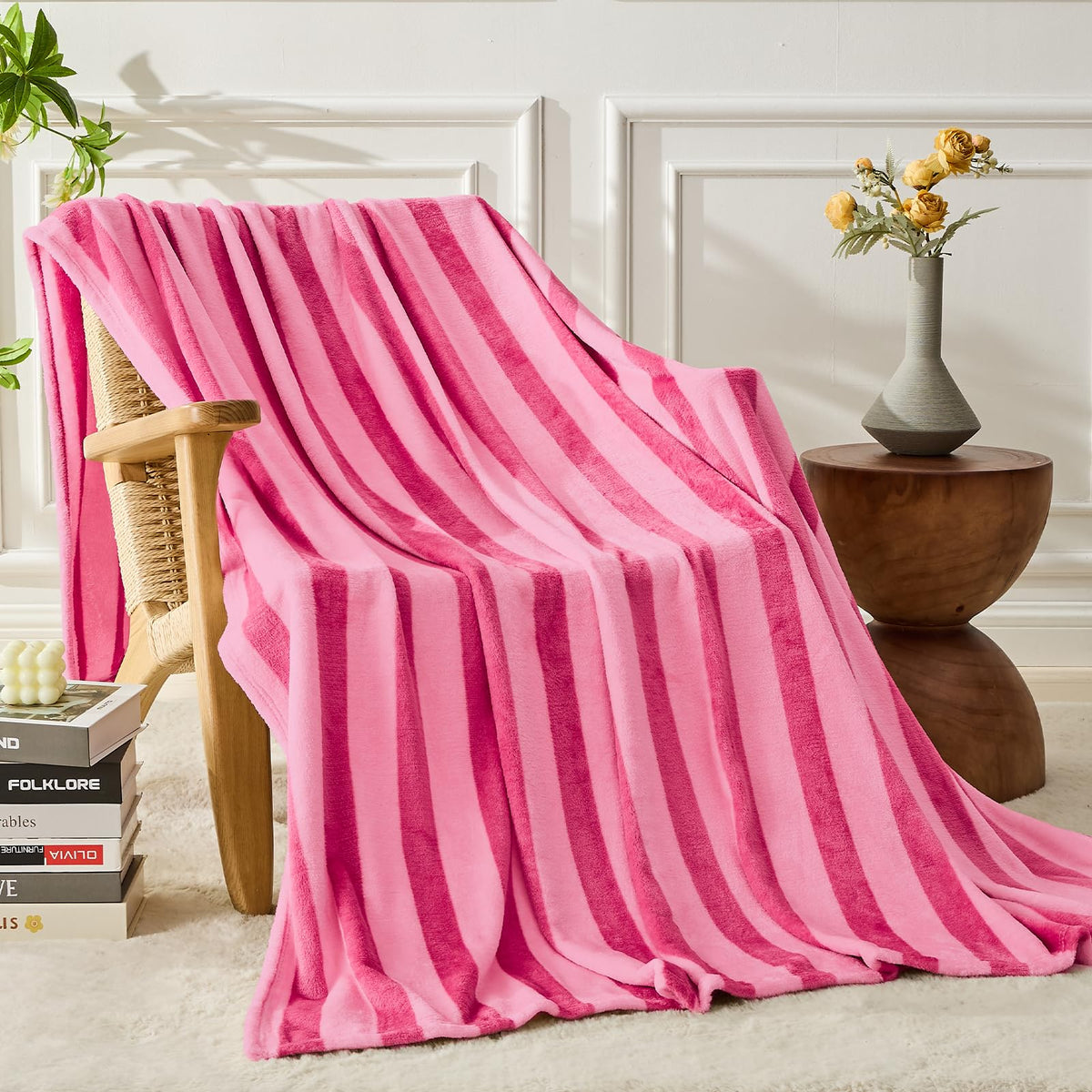 Fy Fiber House Striped Flannel Queen Blanket - Soft Cozy Striped Blanket For Couch, Sofa, Or Bed - 90'X90', Hot Pink, All Seas