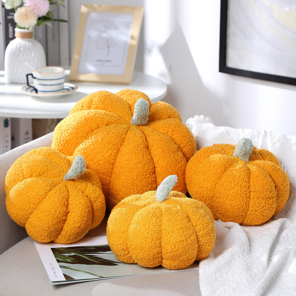 Kajaia 4 Pcs Simulated Pumpkin Fluffy Pillow Plush Pillow 3D Pumpkin Shaped Pillow Shaped Fall Decorations Soft Cute Throw Pillo