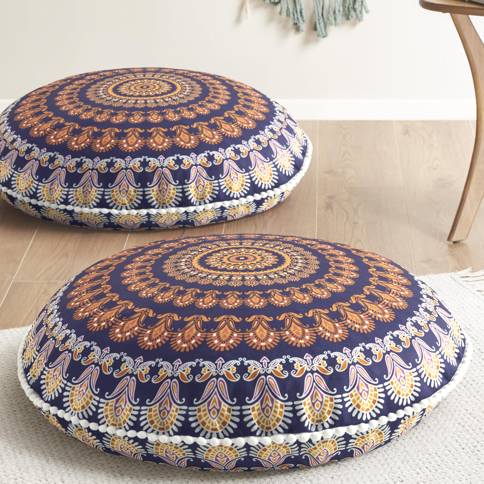 Codi Meditation Floor Pillows Set Of 2, Round Large Pillow Seating For Adults, Bohemian Mandala Circle Floor Cushion For Outdoor Fireplace Yoga Living Room, 32 Inch, Yellow Memory Foam Added