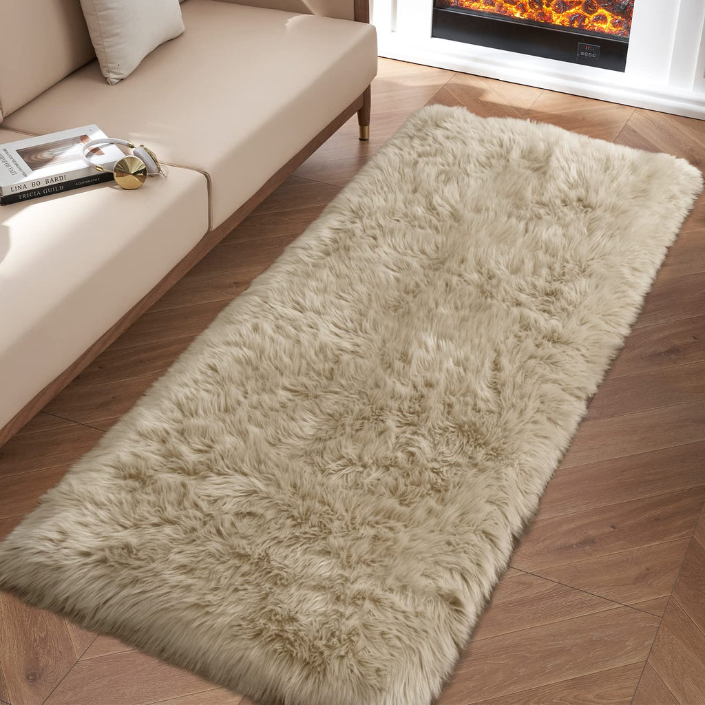 Beige Fluffy Rug for Bedroom, 2'X6' Faux Fur Rug for Runner, Soft Shag Rug for Sofa Couch Cushion, Cozy Shaggy Fuzzy Plush Floor