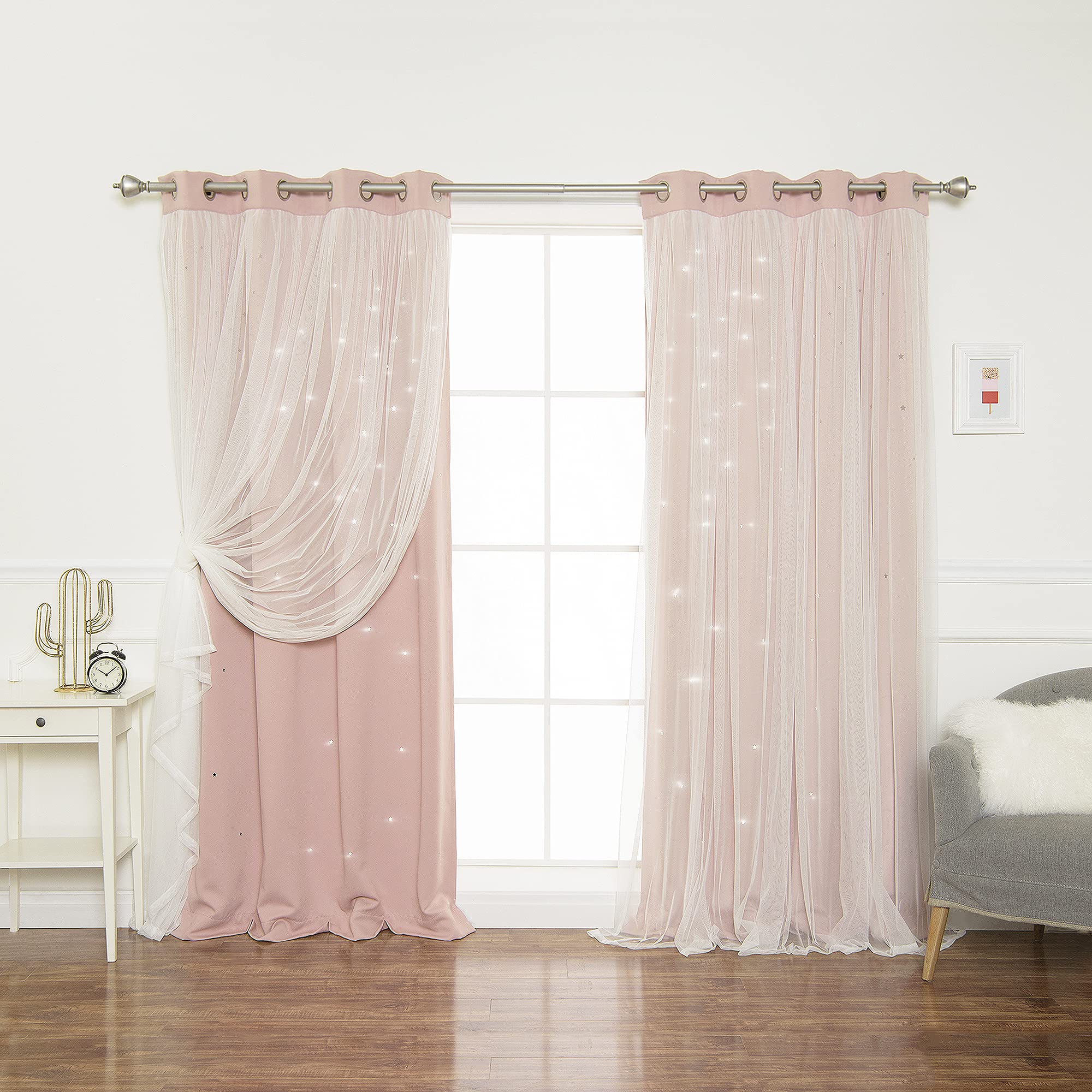 Best Home Fashion Tulle Overlay Star Cut Out Blackout Curtains (52 W x 84 L, Dusty Pink)