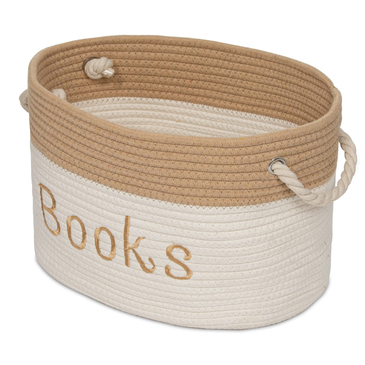 Rope Storage Basket - 15 x 11 x 9 Book Storage Bin - Embroidered Storage Bins - Tote Bin for Nursery, Playroom, Living Room, Cla