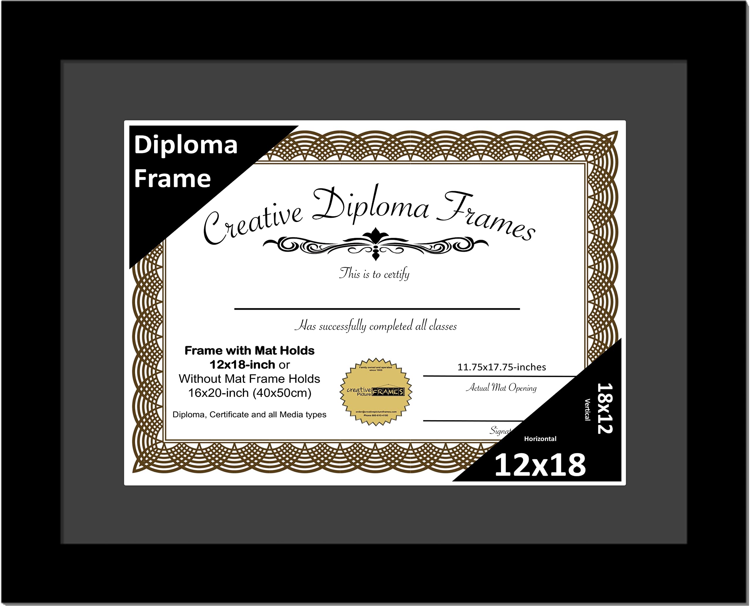 Creative Picture Frames 12x18 Classic Black Diploma Frame with Black Mat Glass Easel and Installed Wall Hangers | Frame Holds 16