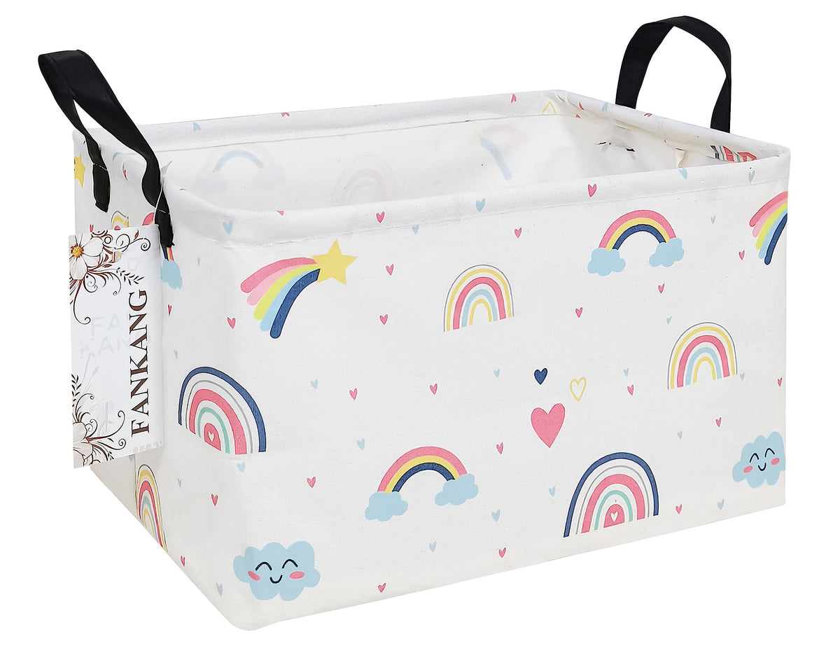 Fankang Storage Bins, Nursery Hamper Canvas Laundry Basket Foldable With Waterproof Pe Coating Large Storage Baskets For Kids Boys And Girls, Office, Bedroom, Clothes,Toys(Rec-Love Rainbow