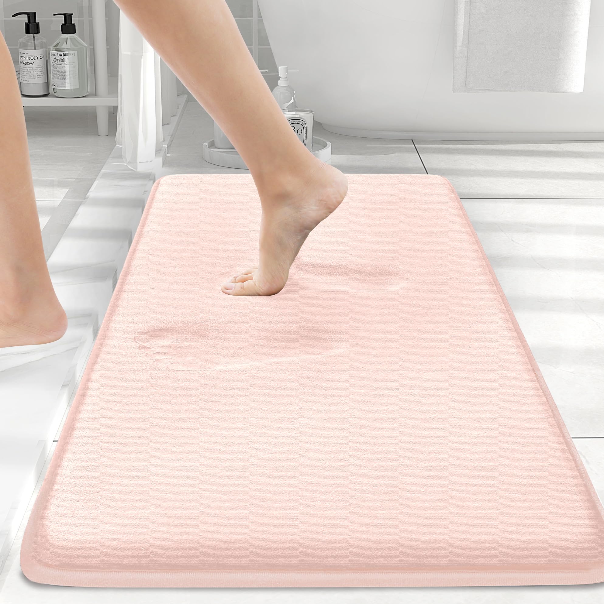 Smiry Memory Foam Bath Mat 30 x 20, Extra Soft Absorbent Bathroom Rugs Non Slip Bath Rug Runner for Shower Bathroom Floors, Pink