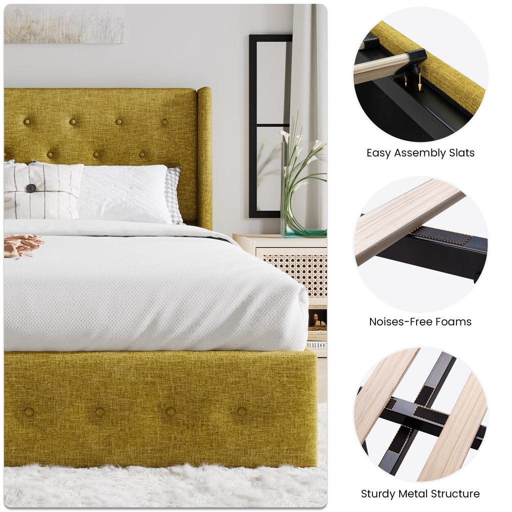 Sha Cerlin Full Size Lift Up Storage Bed/Button Tufted Wingback Headboard/Hydraulic Storage/Upholstered Platform Bed Frame/No Box Spring Needed/Wood Slats Support/Olive Yellow