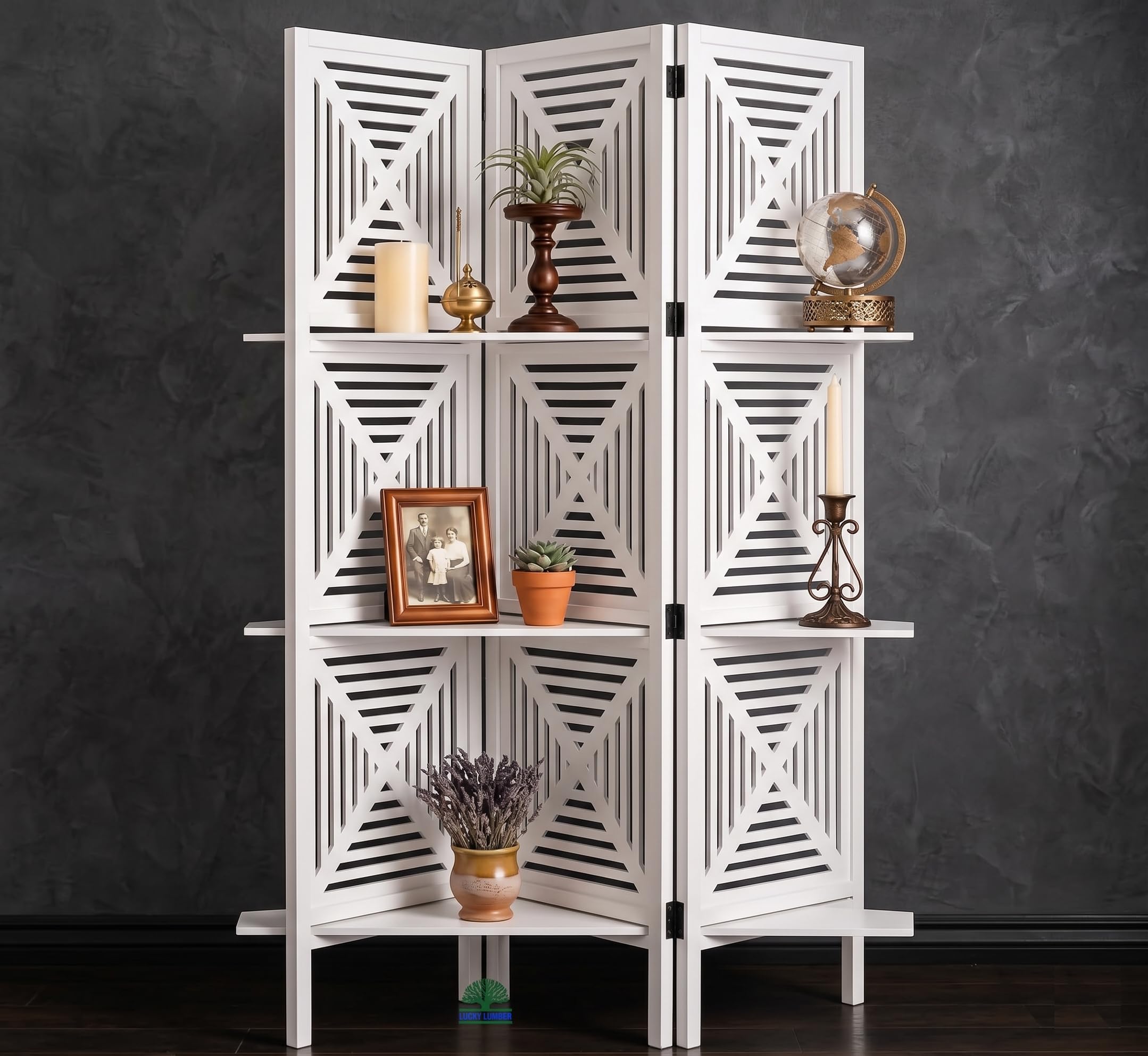 Rose Wood National 3 Panel Wooden Room Divider Partition With Shelves, Folding Privacy Screen For Living Room & Bedroom, Decorat