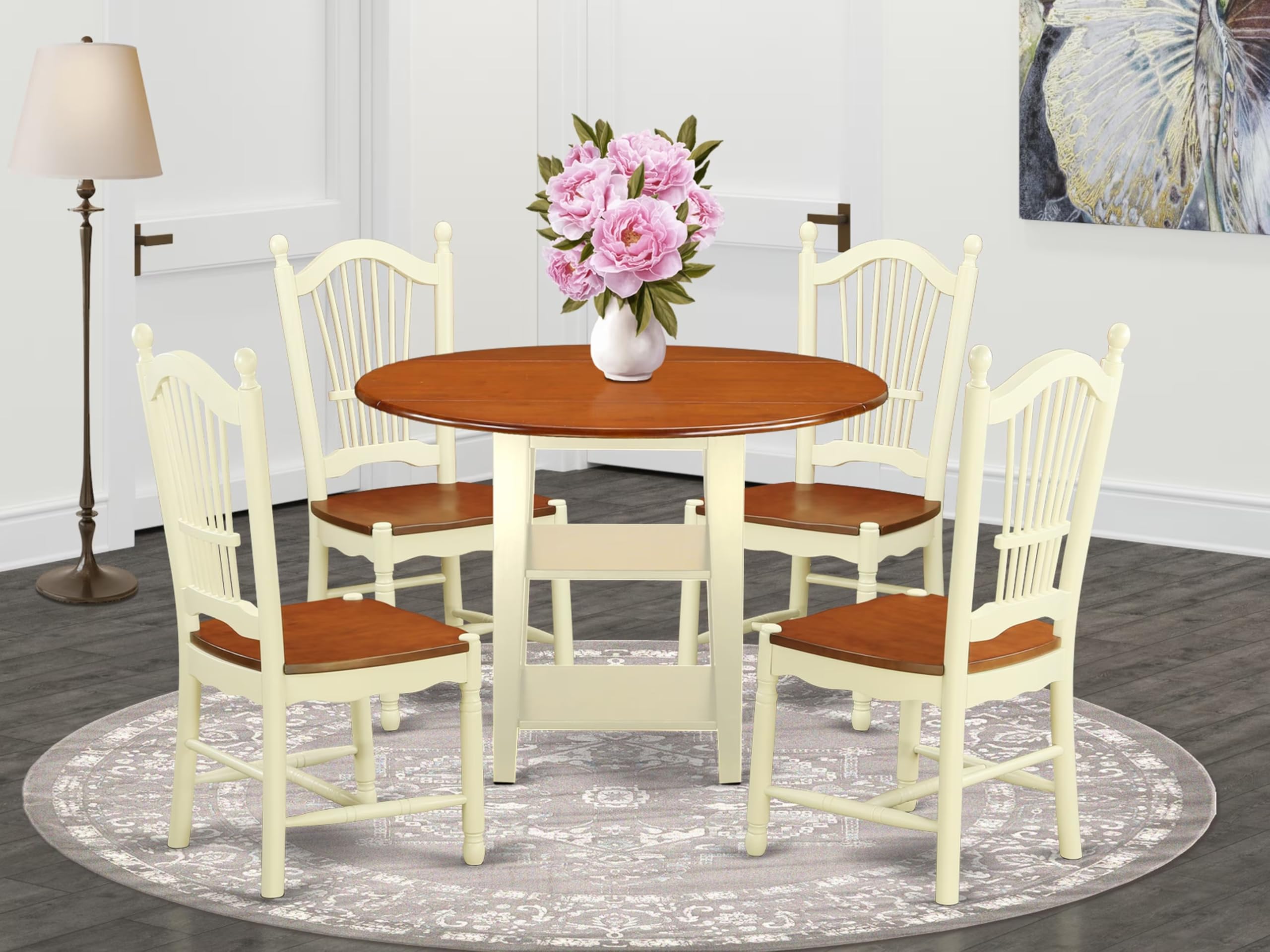 East West Furniture Sudo5-Bmk-W 5 Piece Dining Room Table Set Includes A Round Kitchen Table With Dropleaf & Shelves And 4 Dining Chairs, 42X42 Inch, Buttermilk & Cherry