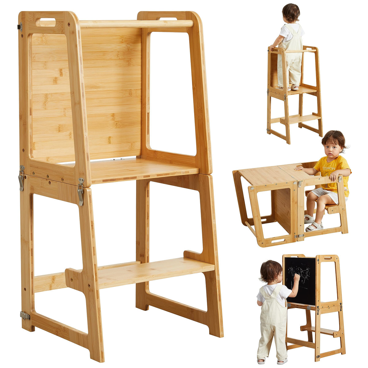 4-In-1 Standing Tower For Toddlers And Kids 1-6 Years, Bamboo Kitchen Learning Helper Stool With Chalkboard, Desk Table, And Chair (Natural)