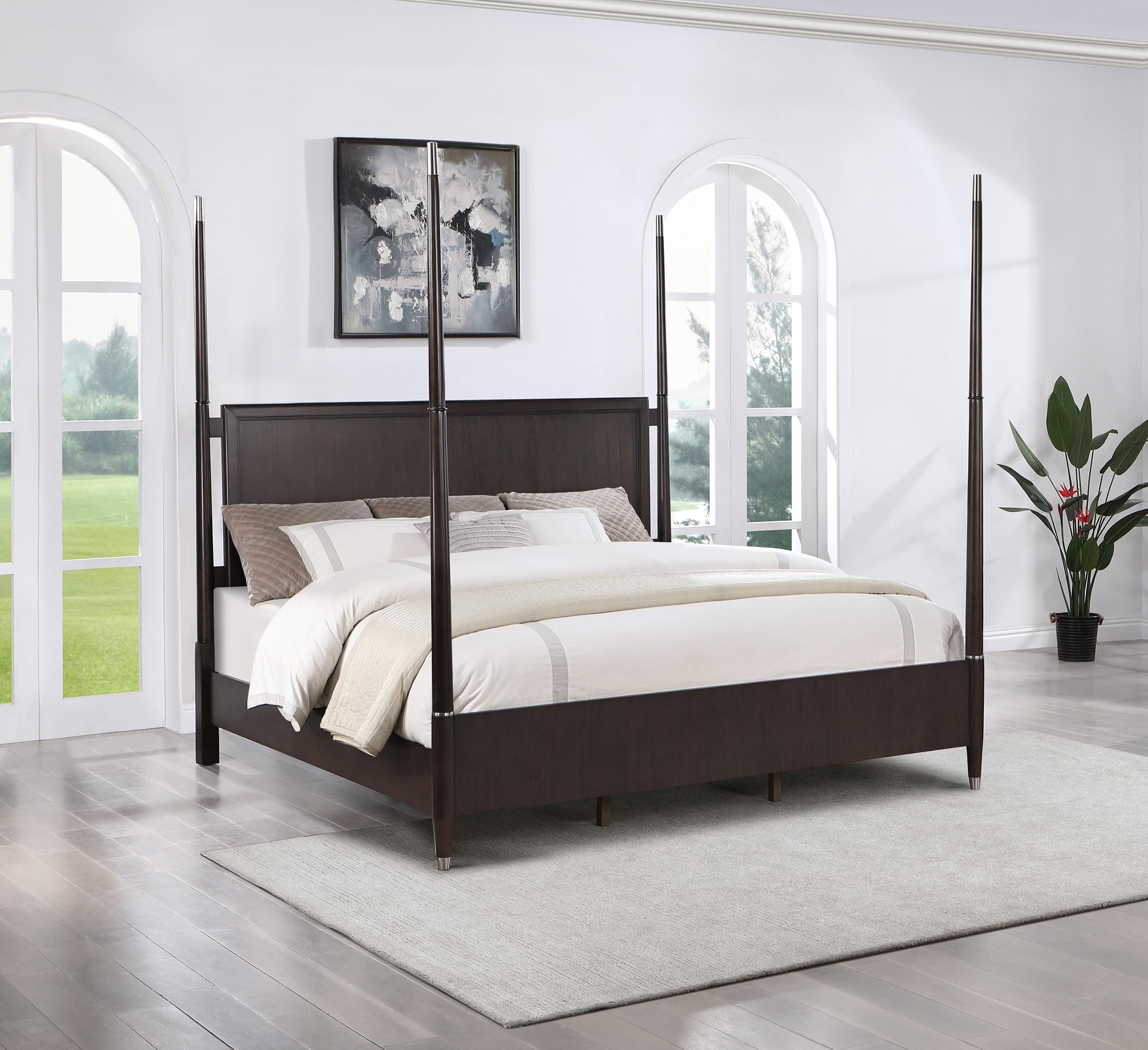 Coaster Home Furnishings Emberlyn Mid-Century Modern Wood Queen Size Four-Poster Bed Frame 84-inch Headboard Brown 223061Q