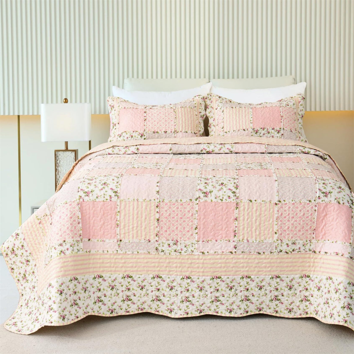 Garden Floral Quilt Bedspread Queen Size,3 Piece Patchwork Pink Quilt Set With 2 Pillow Shams,Summer Bedding Set For Girls Women