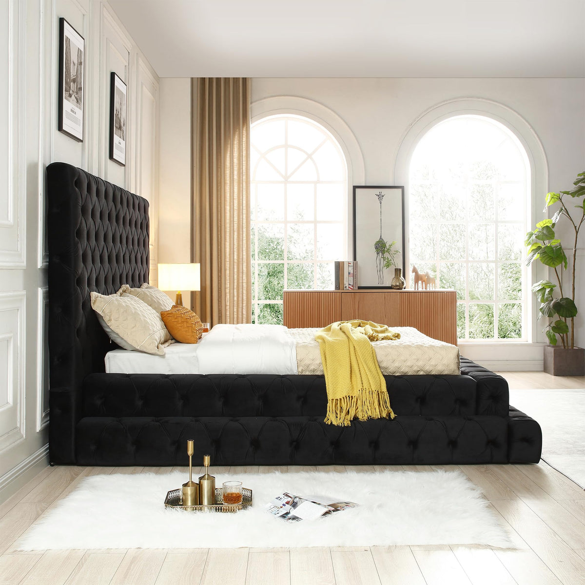 Better Home Products Eleonora Velvet King Bed - Luxurious Upholstered Design with Deep Button Tufting in Black (Black, King)