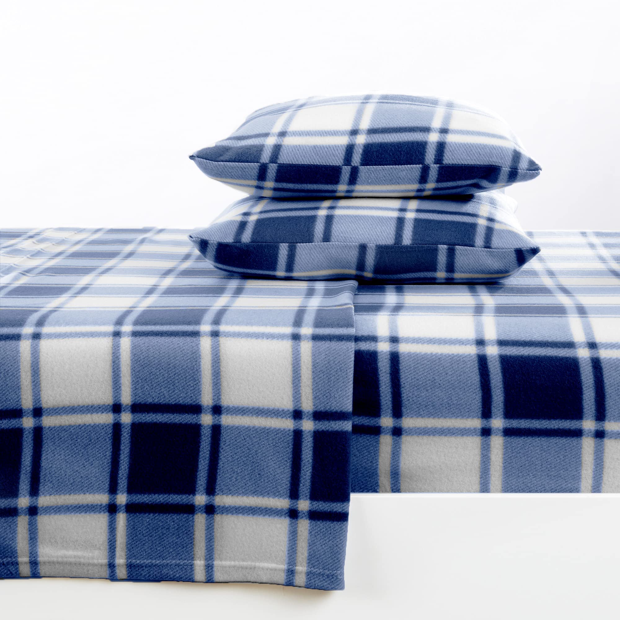Great Bay Home Super Soft King Plaid Navy Micro Fleece Sheet Set | Cozy, Warm, Durable, Breathable, And Fluffy Bed Sheets | Micr