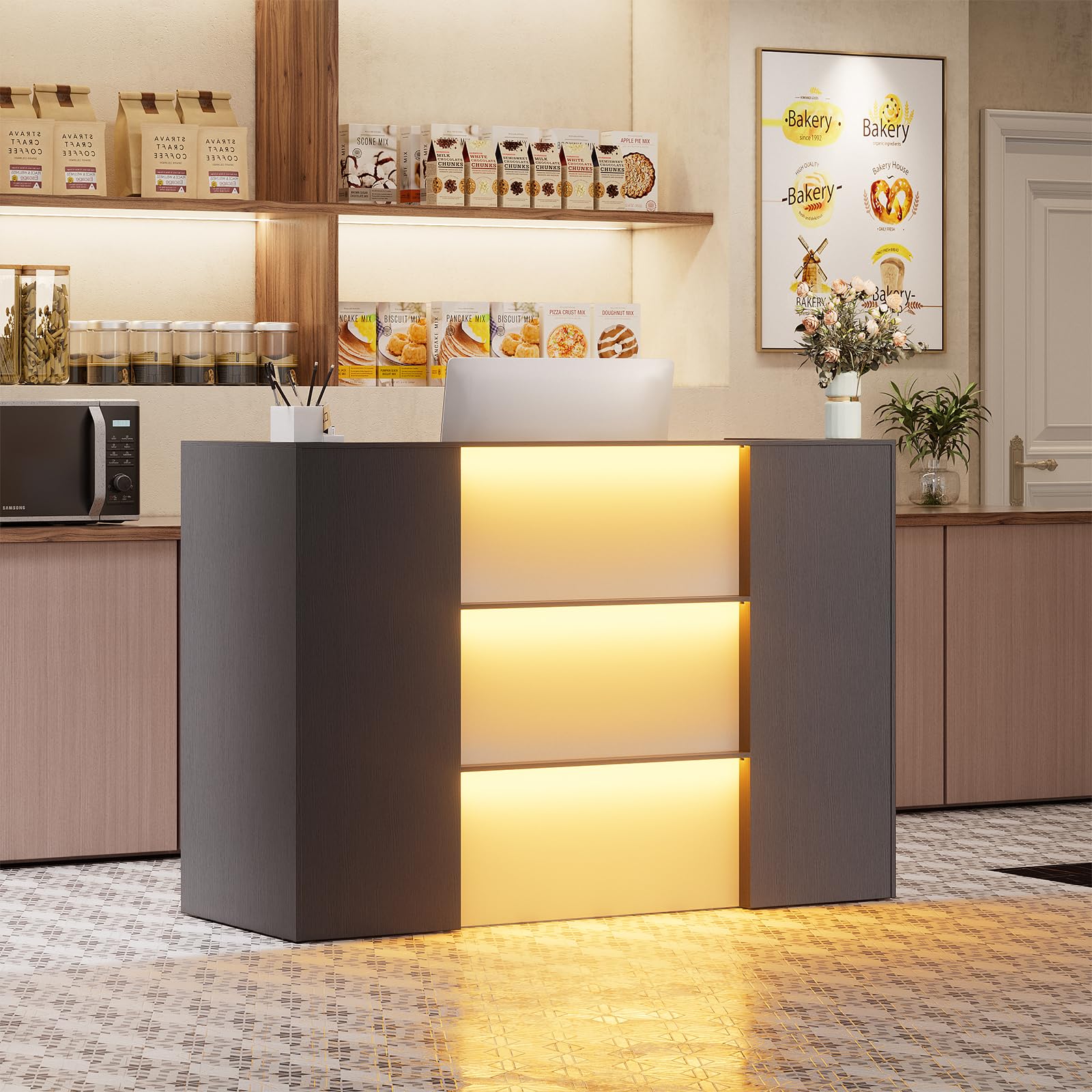 Pakasept Modern Reception Desk With Led Lights, 63 Inches Front Counter Table With Lockable Drawer & Shelves, Checkout Counter F