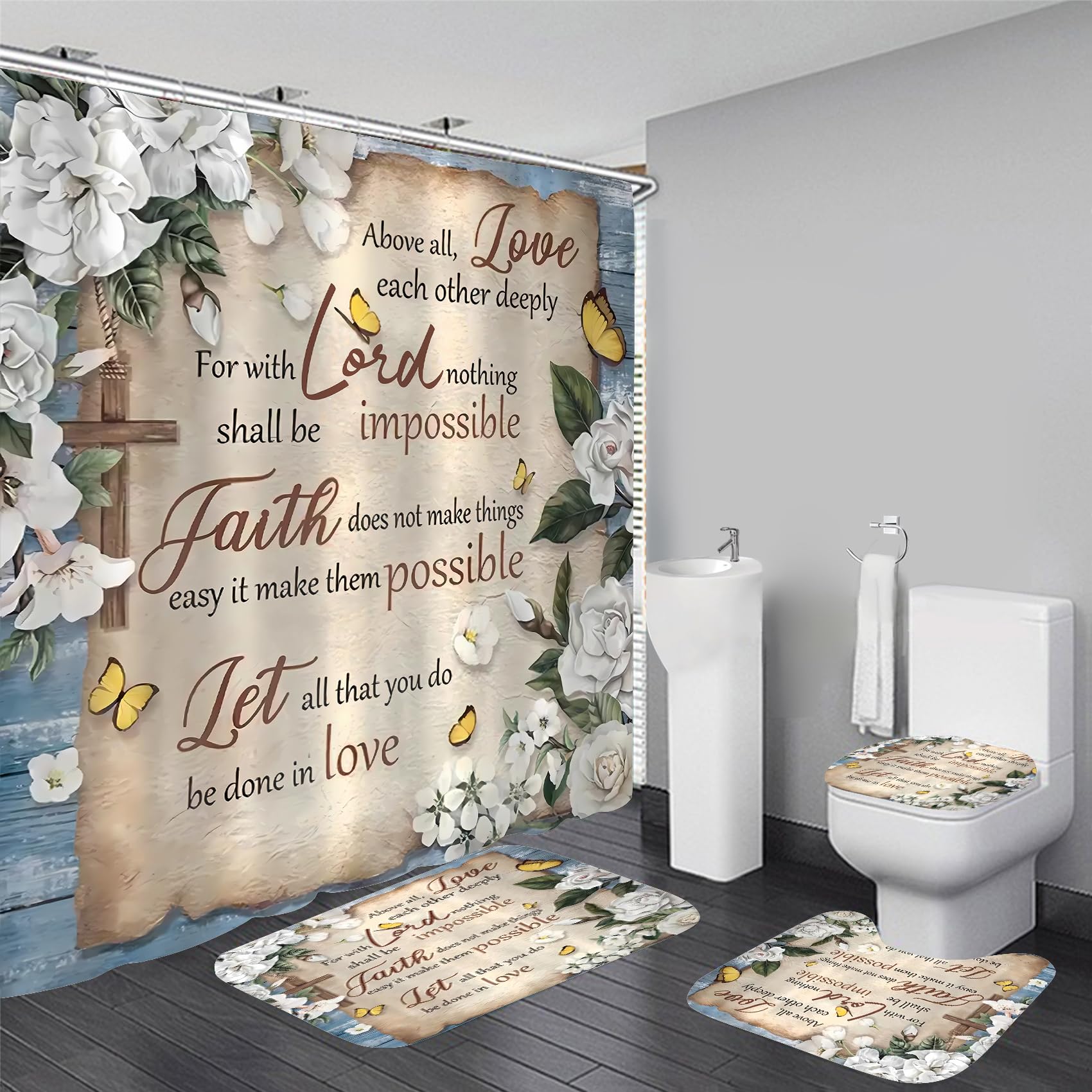 AZHM White Camellia Flower Shower Curtain Sets Inspirational Quotes with Yellow Butterfly Bathroom Decor Accessories Set with Ru