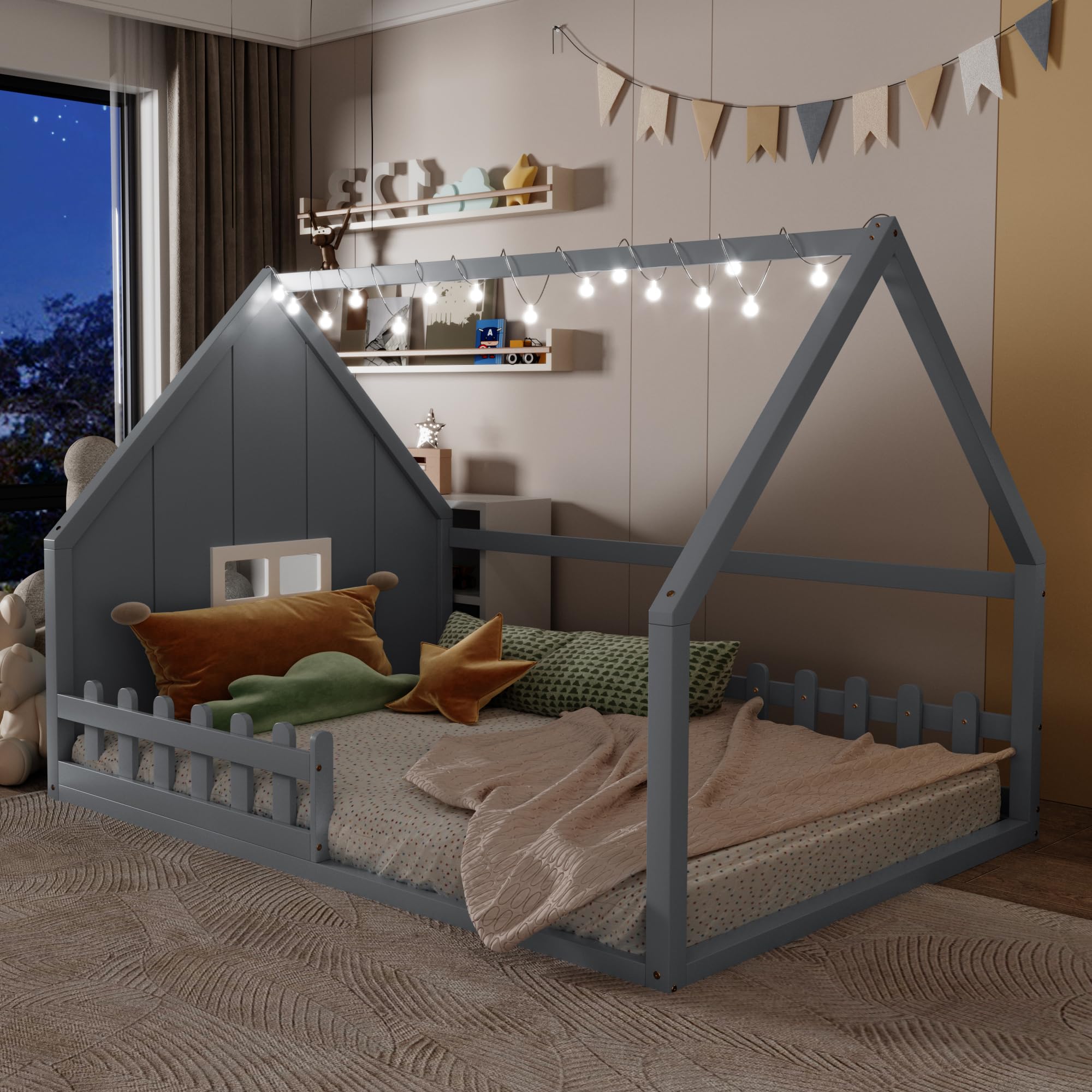 Full Size House Bed for Kids,Montessori Floor Bed with Fence and LED Lights,Full Size Floor Bed Frame with Slats for Girls Boys,