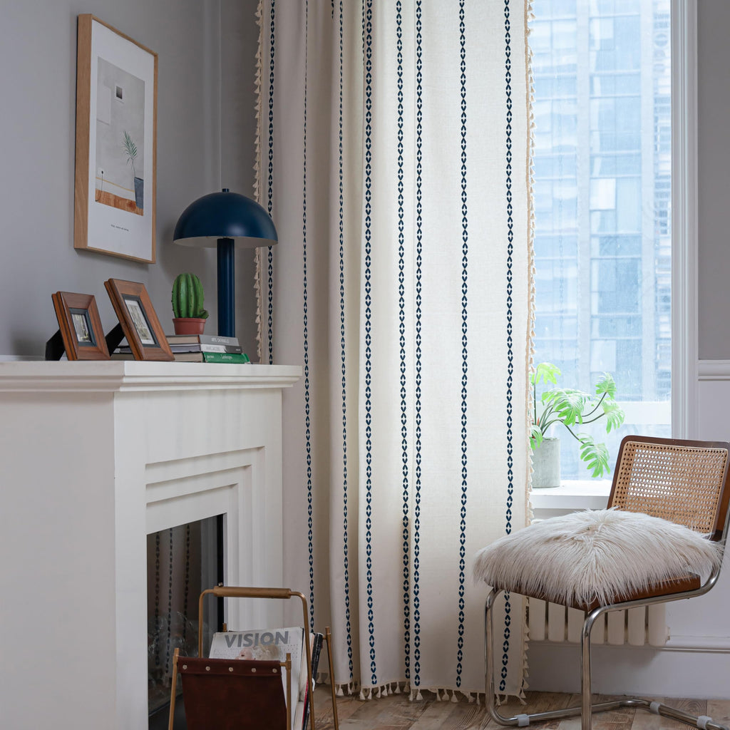 Sutuo Home Boho Curtains 90 Inches For Bedroom Living Room, Semi Blackout Farmhouse Vintage Tassels Window Treatment Bohemian Embroidery Drape, Rod Pocket 1 Panel 52' W X 90' L, White And Navy Blue