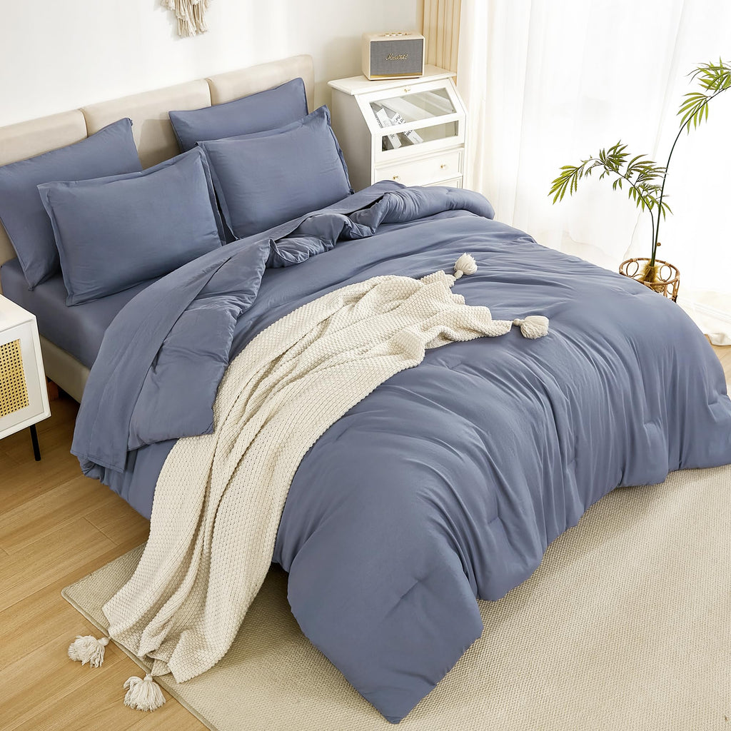 Litanika Full Size Comforter Sets Bluish Grey - 7 Pieces Bed In A Bag Full Beddding Comforter Sets, Solid Lightweight Bed Set Wi