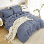 Litanika Full Size Comforter Sets Bluish Grey - 7 Pieces Bed In A Bag Full Beddding Comforter Sets, Solid Lightweight Bed Set Wi