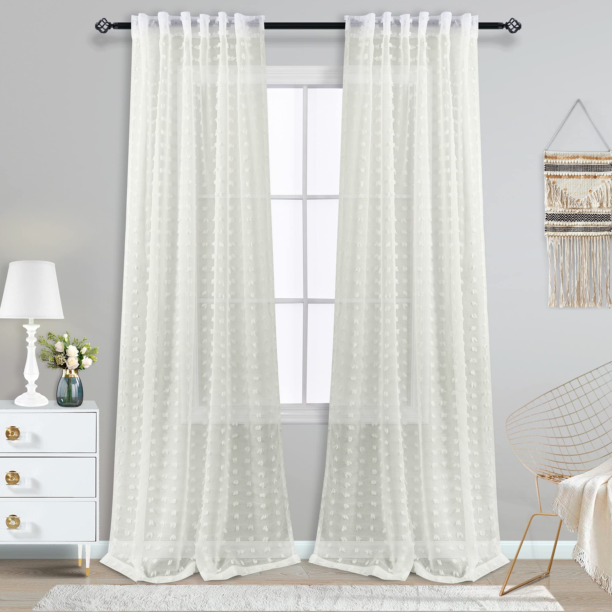 Cream Boho Sheer Curtains Drapes For Living Room 90 Inch Length 2 Panels Set Country Shabby Chic Rod Pocket Semi Sheer Window Treatments Farmhouse Curtains For Bedroom 90 Inches Long,Off White Ivory