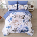 Dintszyayue Blue Comforter Set 7 Pieces Floral Bed In A Bag Queen, Elegant Flower Print Bed Comforter Set, Lightweight Bedding S