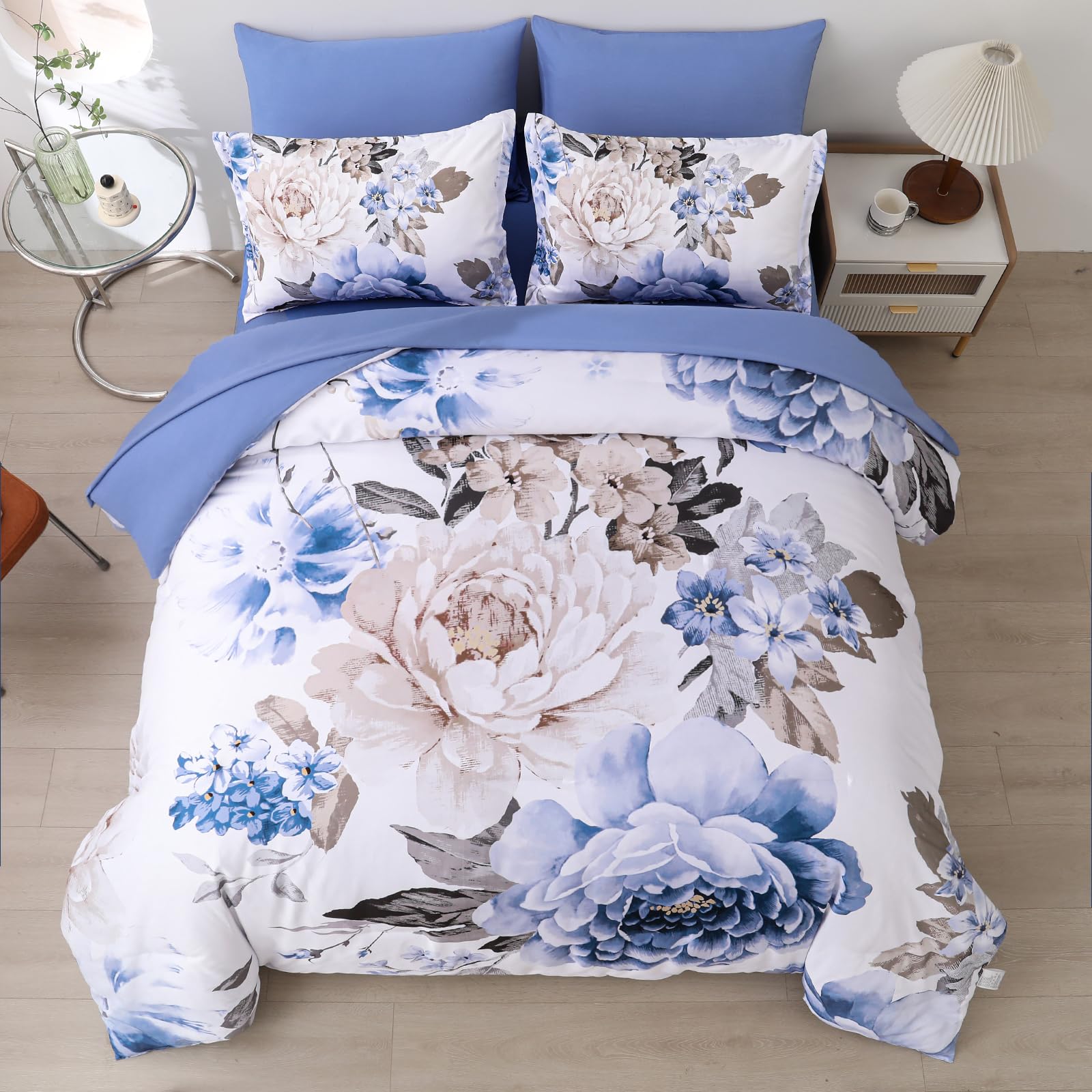 Dintszyayue Blue Comforter Set 7 Pieces Floral Bed In A Bag Queen, Elegant Flower Print Bed Comforter Set, Lightweight Bedding S